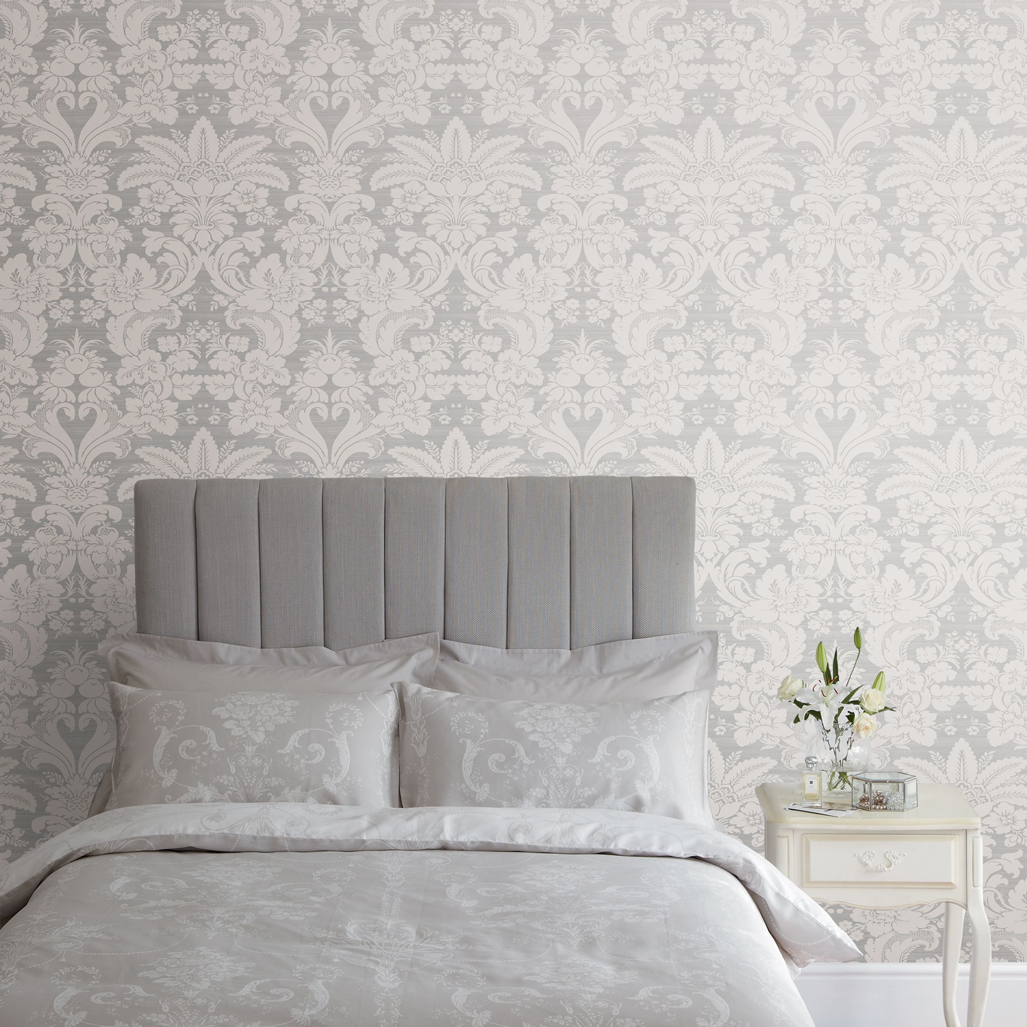 Laura Ashley Martigues Moonbeam Damask Smooth Wallpaper Sample