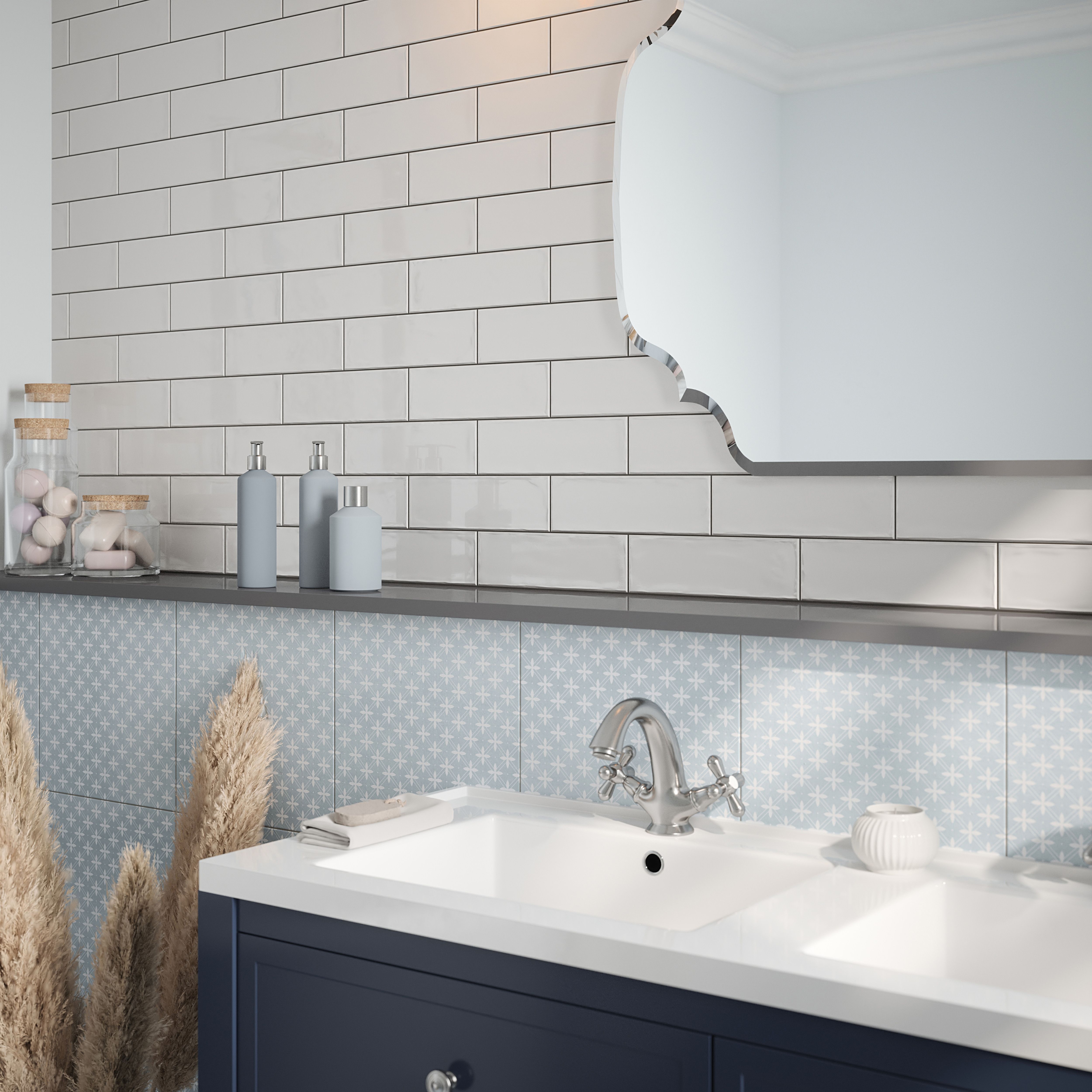 Laura Ashley Mason Pearl Gloss Brick effect Textured Ceramic Indoor Wall tile, Pack of 54, (L)245mm (W)75mm