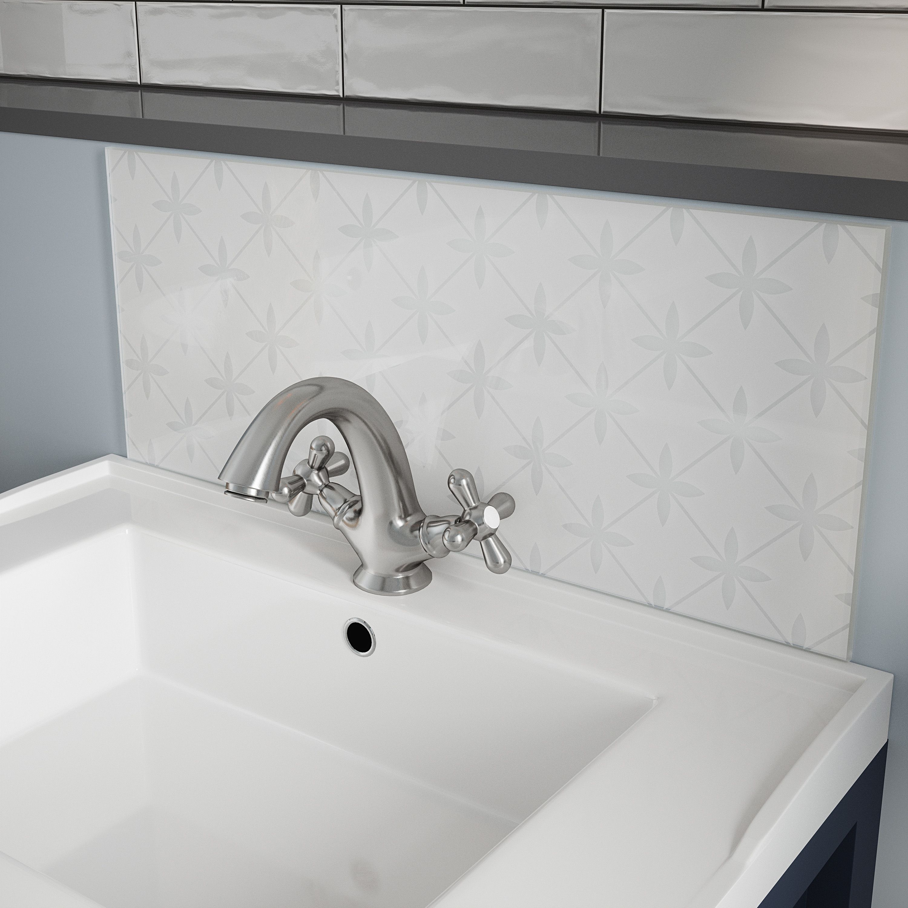 Laura Ashley Matt Pearl white Wicker Glass Self-adhesive Bathroom Splashback (H)25cm (W)60cm