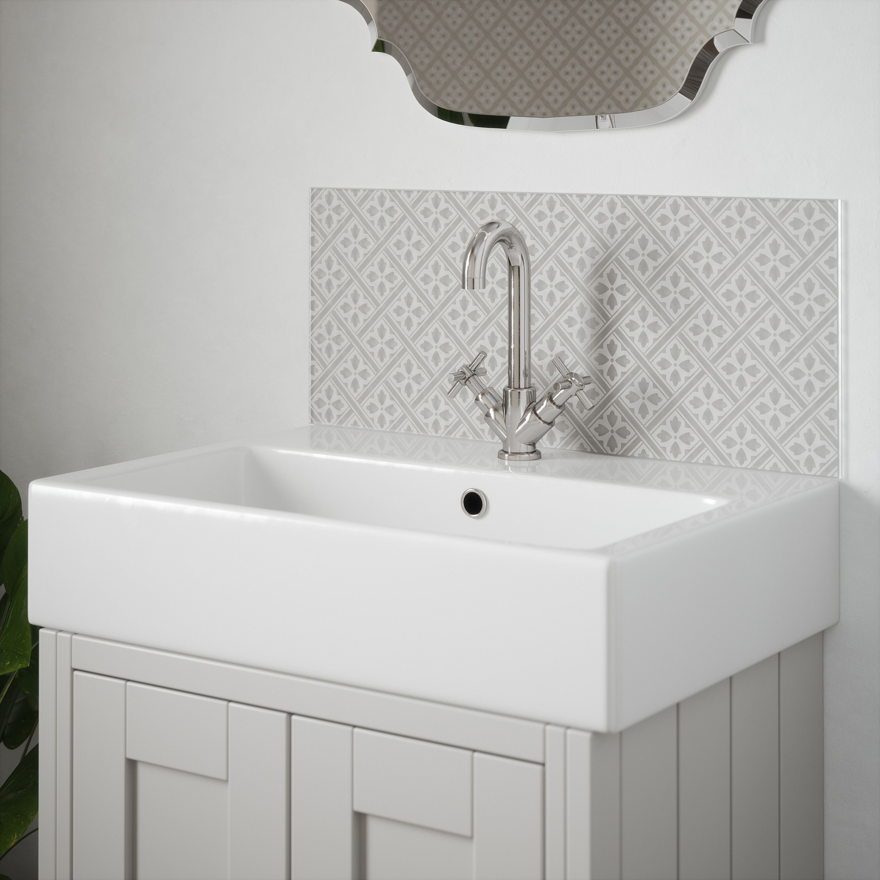 Laura Ashley Matt Slate white Mr Jones Glass Self-adhesive Bathroom Splashback (H)25cm (W)60cm