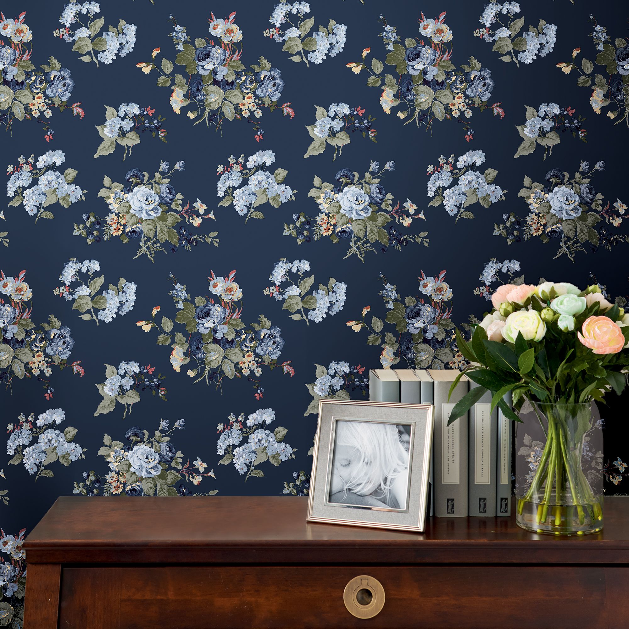 Laura Ashley Rosemore Midnight seaspray Floral Smooth Wallpaper Sample