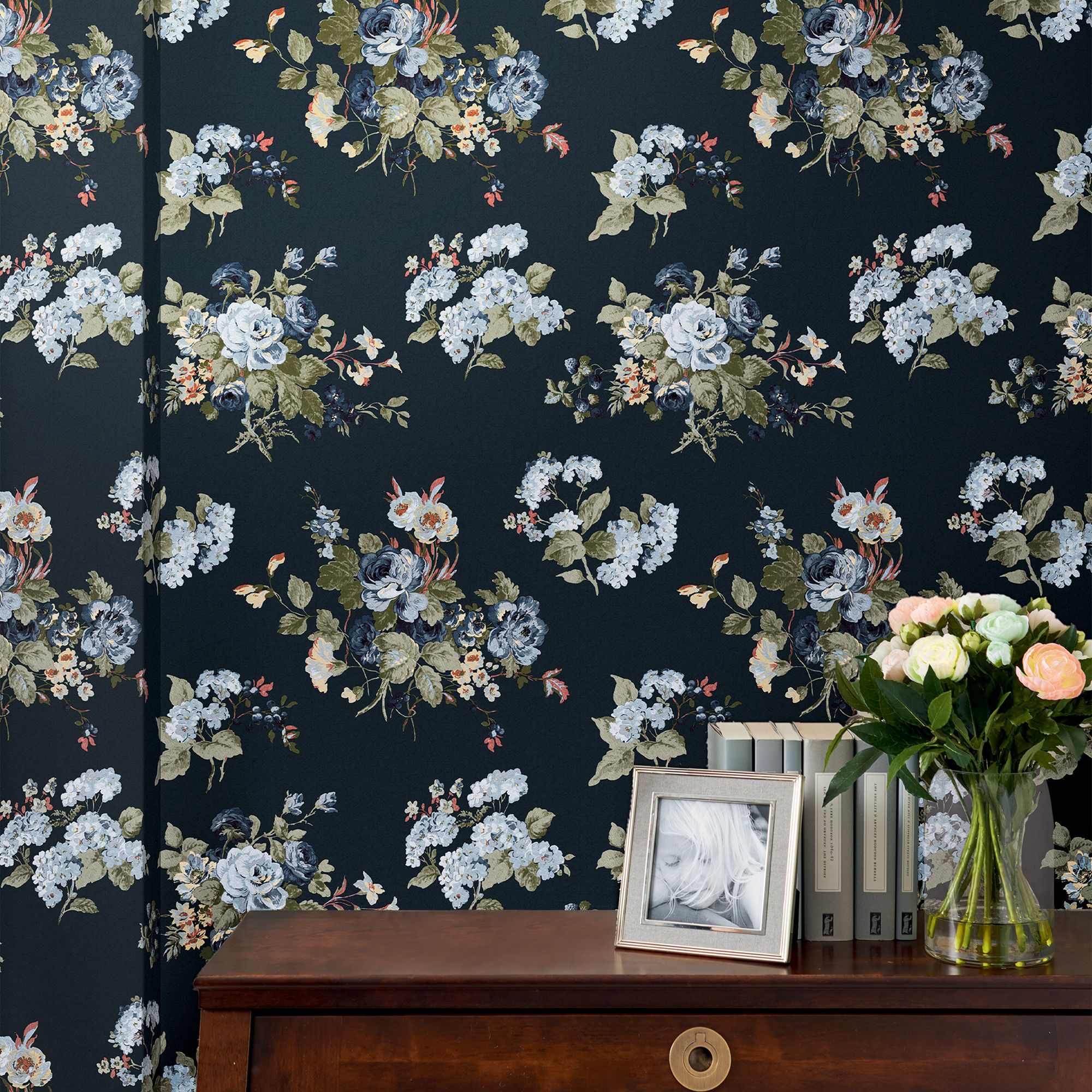 Laura Ashley Rosemore Midnight seaspray Floral Smooth Wallpaper Sample