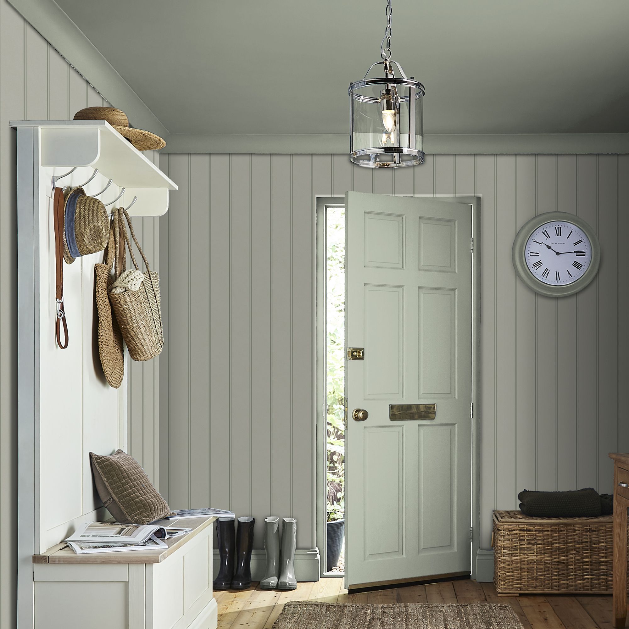 Laura Ashley Sage Chalford Wood panel effect Smooth Wallpaper