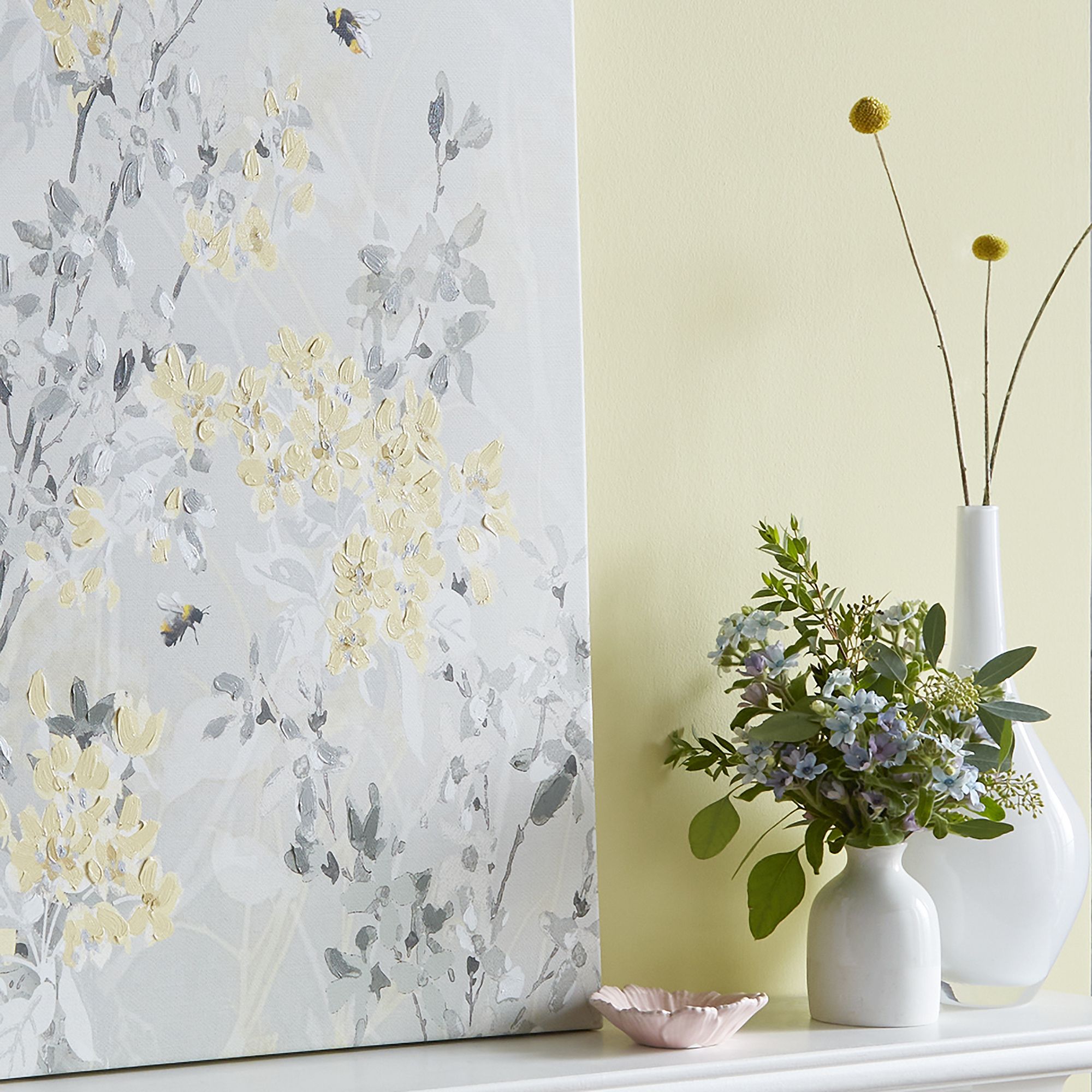 Laura Ashley Spring Blossoms Floral Grey & Yellow Canvas art (H)80cm x (W)60cm