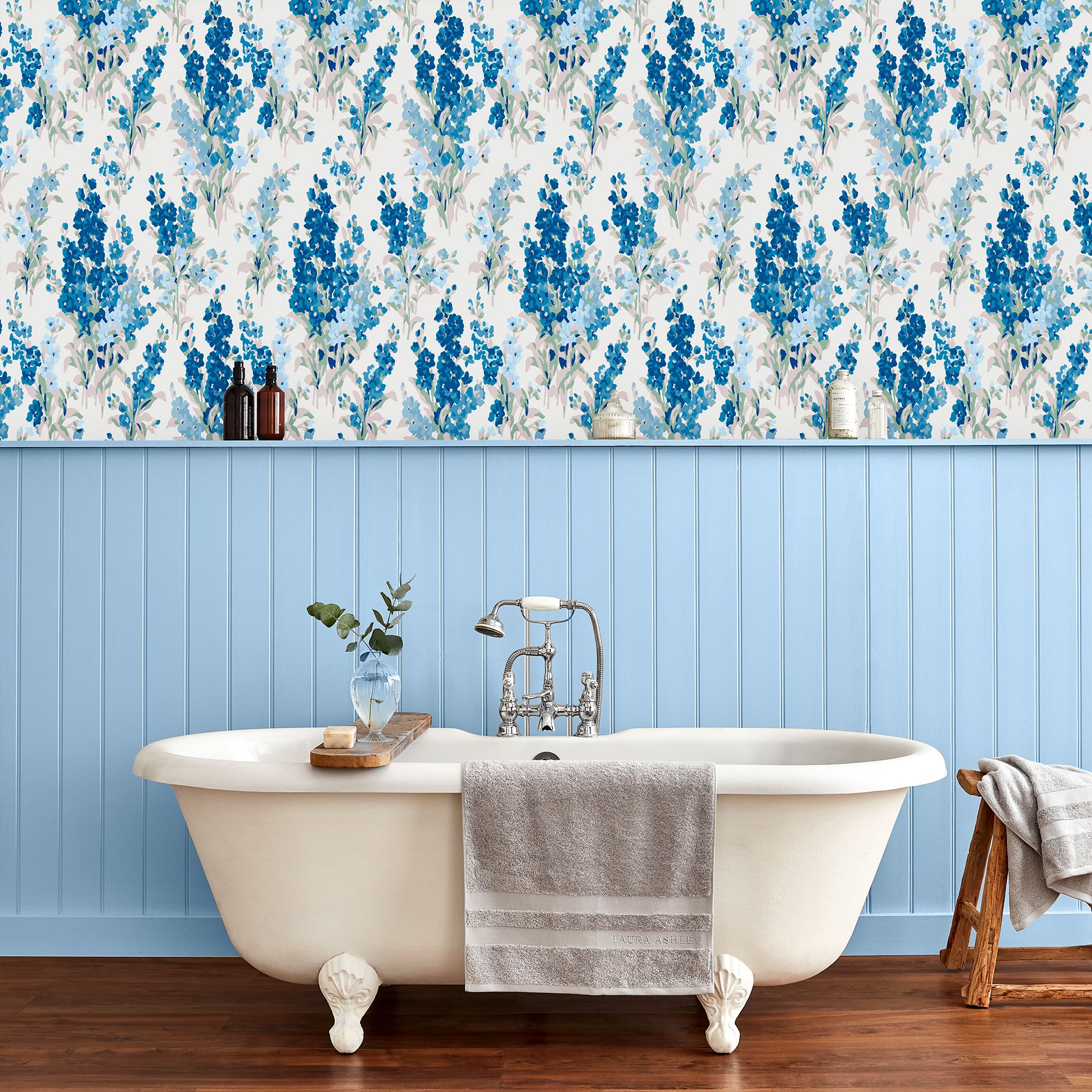 Laura Ashley Stocks Blue Sky Floral Smooth Wallpaper Sample