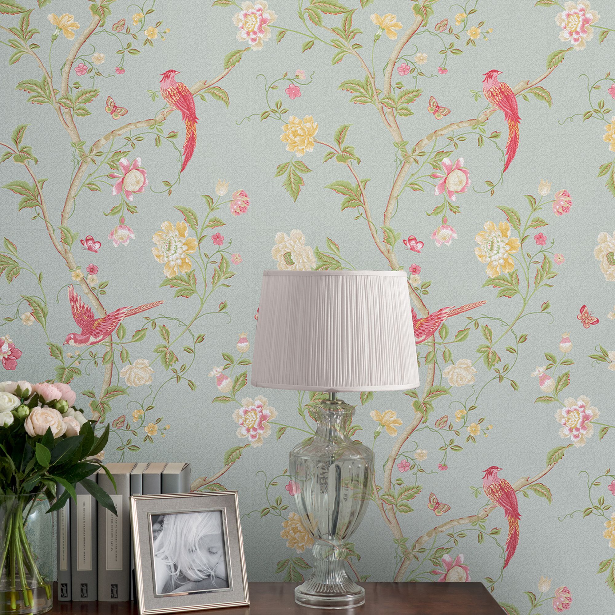 Laura Ashley Summer Duck egg Floral Smooth Wallpaper Sample