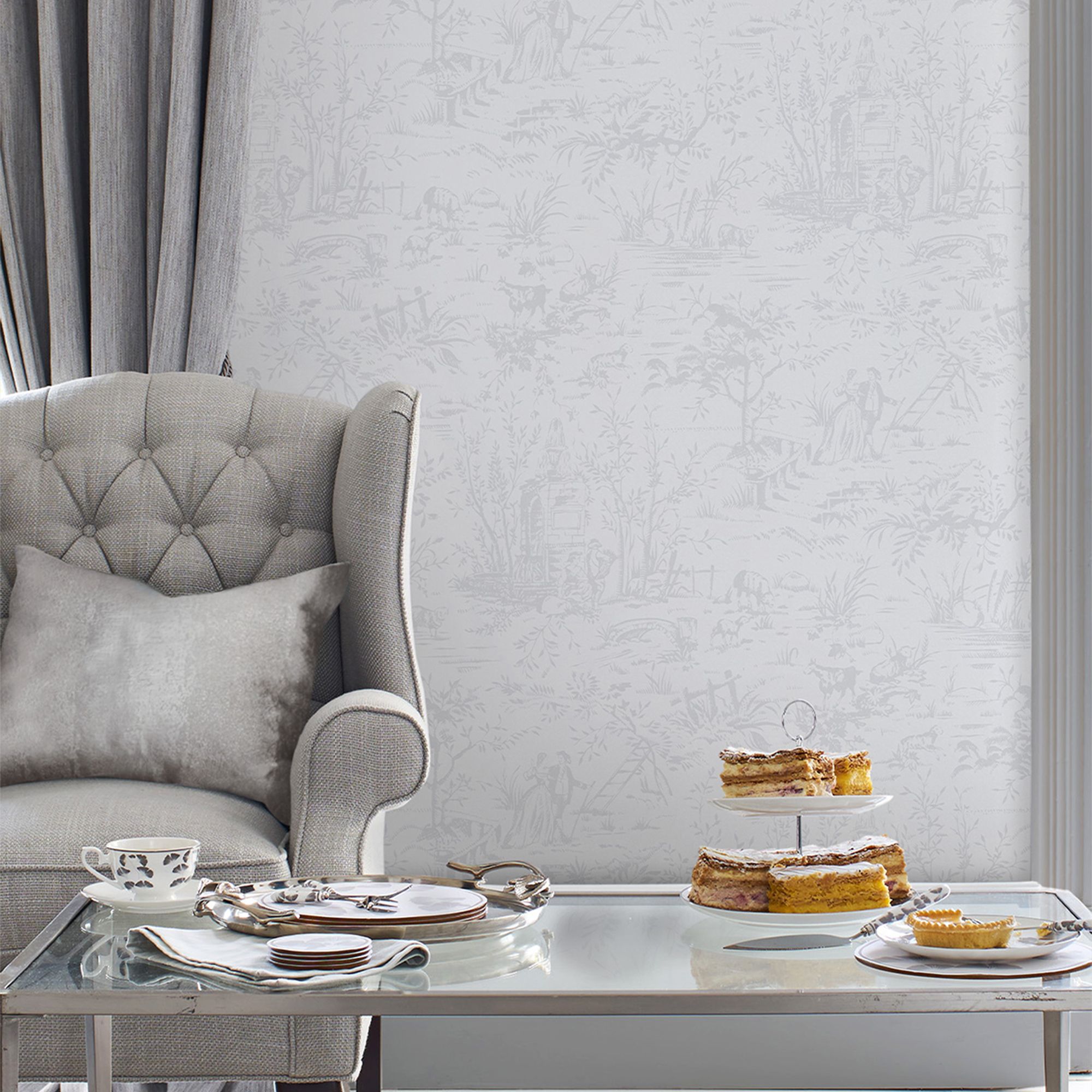 Laura Ashley Toile de Jouy Grey Classical Smooth Wallpaper Sample