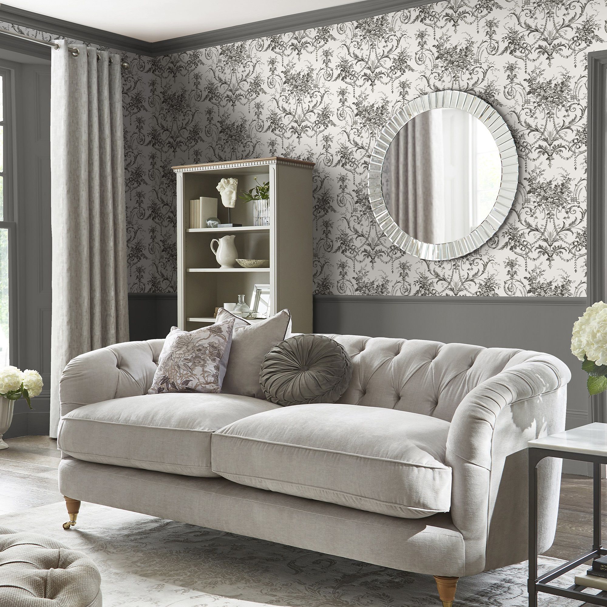 Laura Ashley White & Charcoal Grey Tuileries Smooth Wallpaper