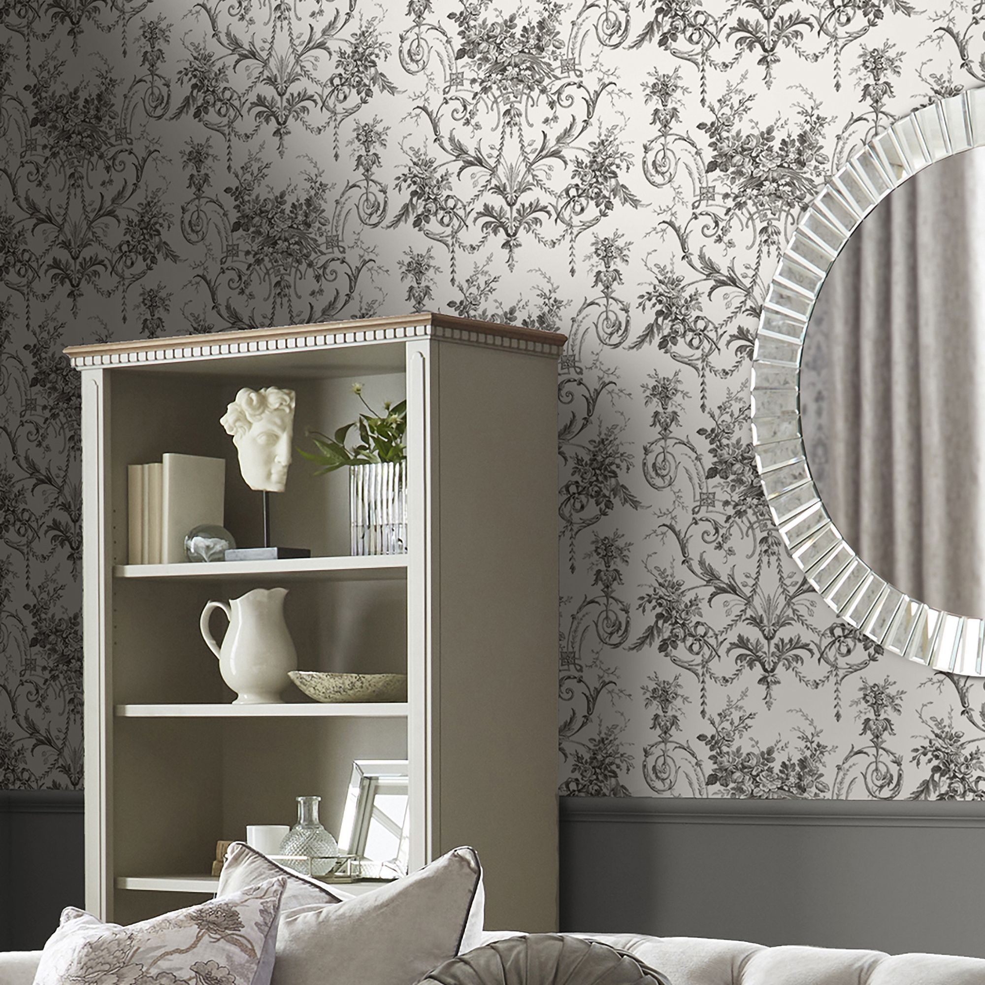 Laura Ashley White & Charcoal Grey Tuileries Smooth Wallpaper