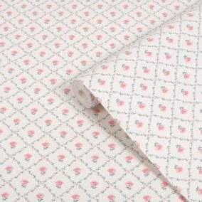 Laura Ashley White & Coral Pink Kate Smooth Wallpaper