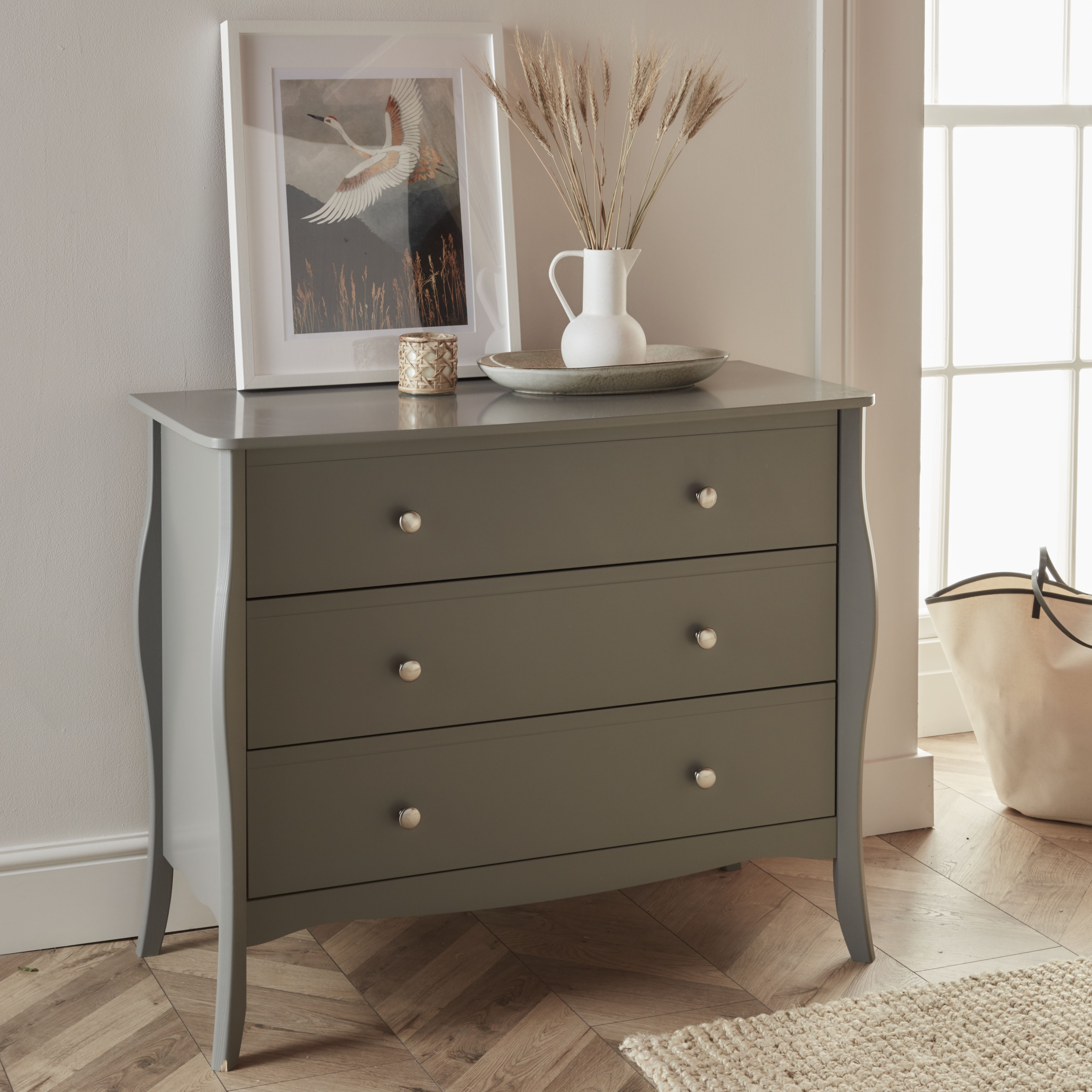 Lautner Satin grey MDF & pine 3 Drawer Wide Chest of drawers (H)800mm (W)965mm (D)450mm