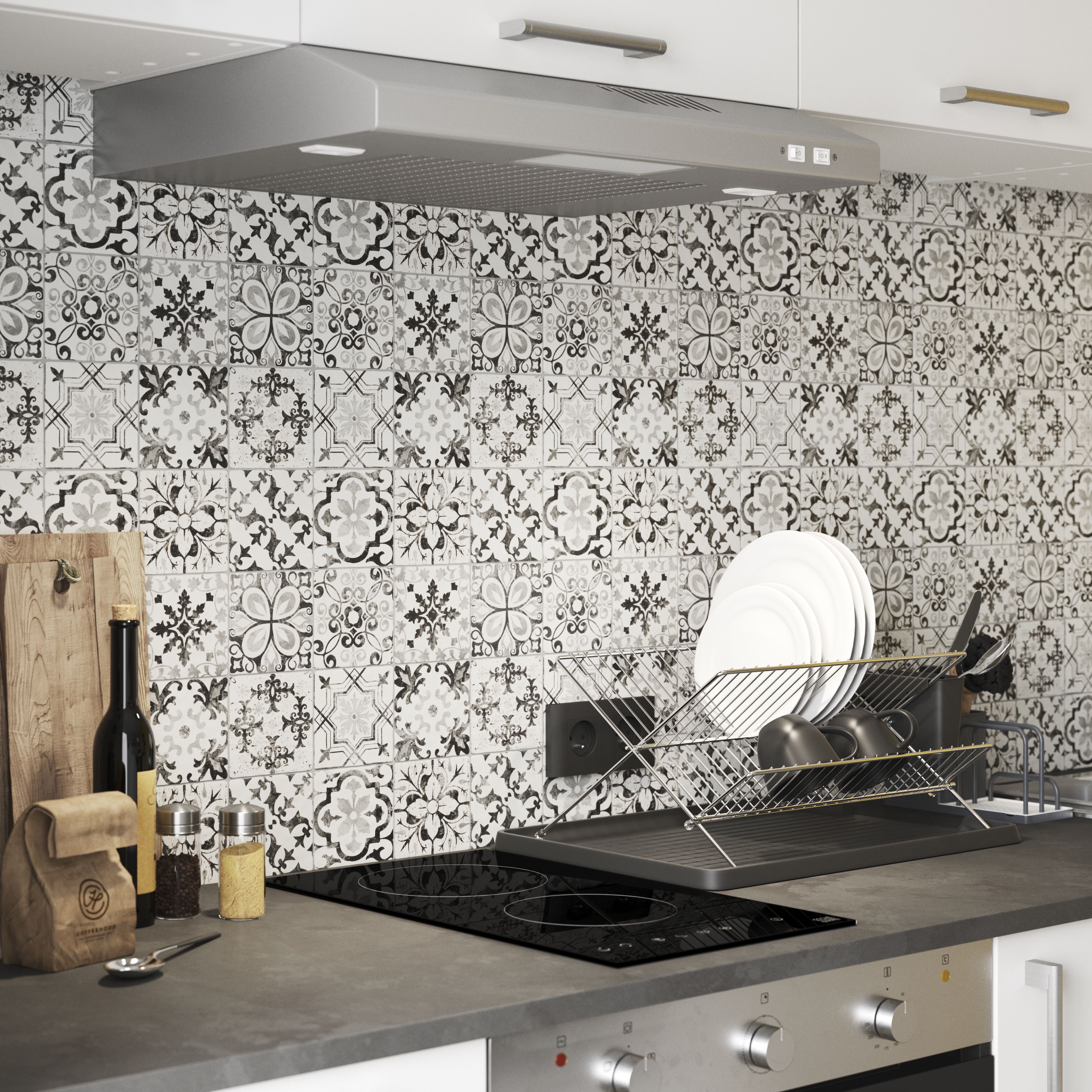 Lavandi Black & white Stone effect Natural stone Mosaic tile sheet, (L)300mm (W)300mm