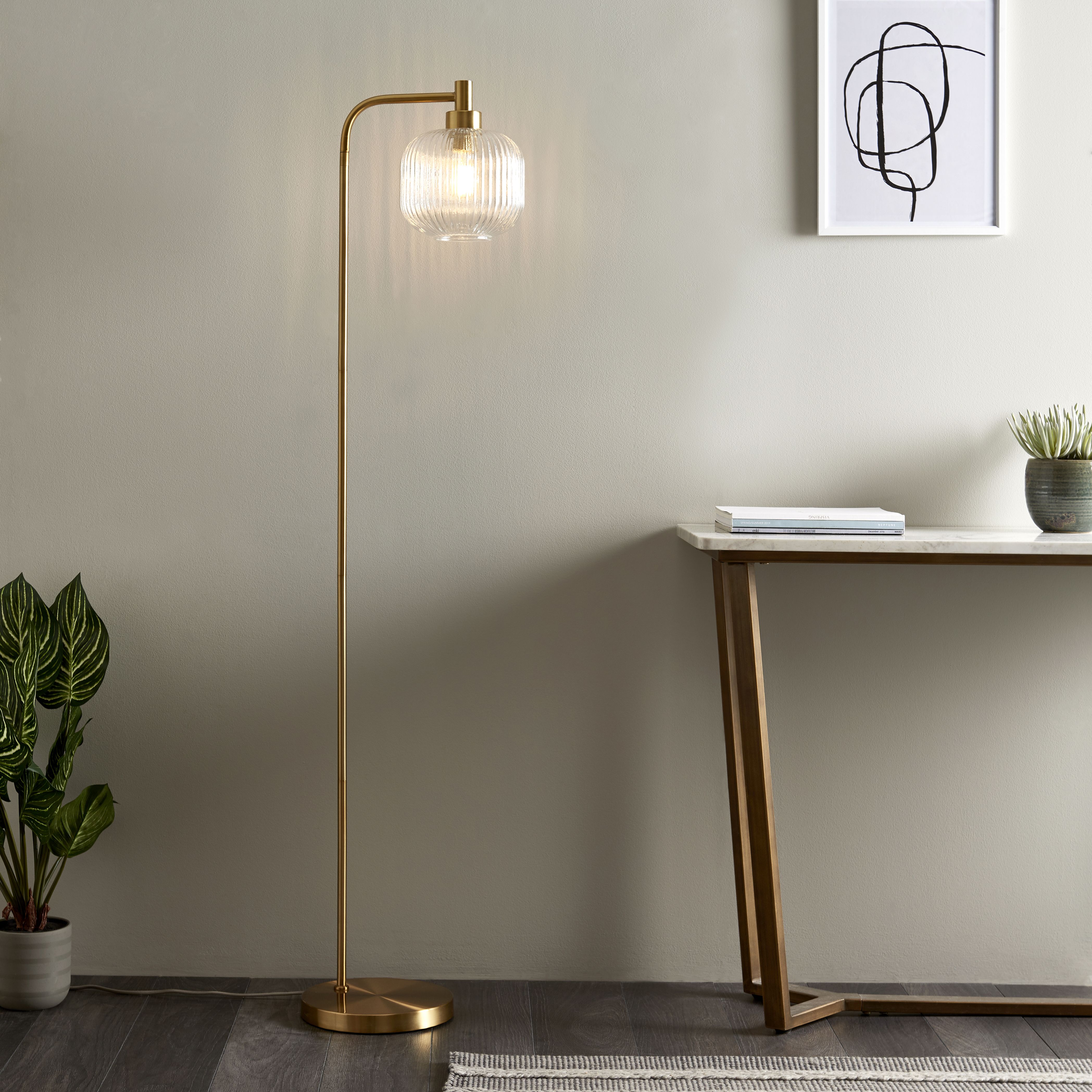 Lena Ribbed Satin Gold effect Floor lamp