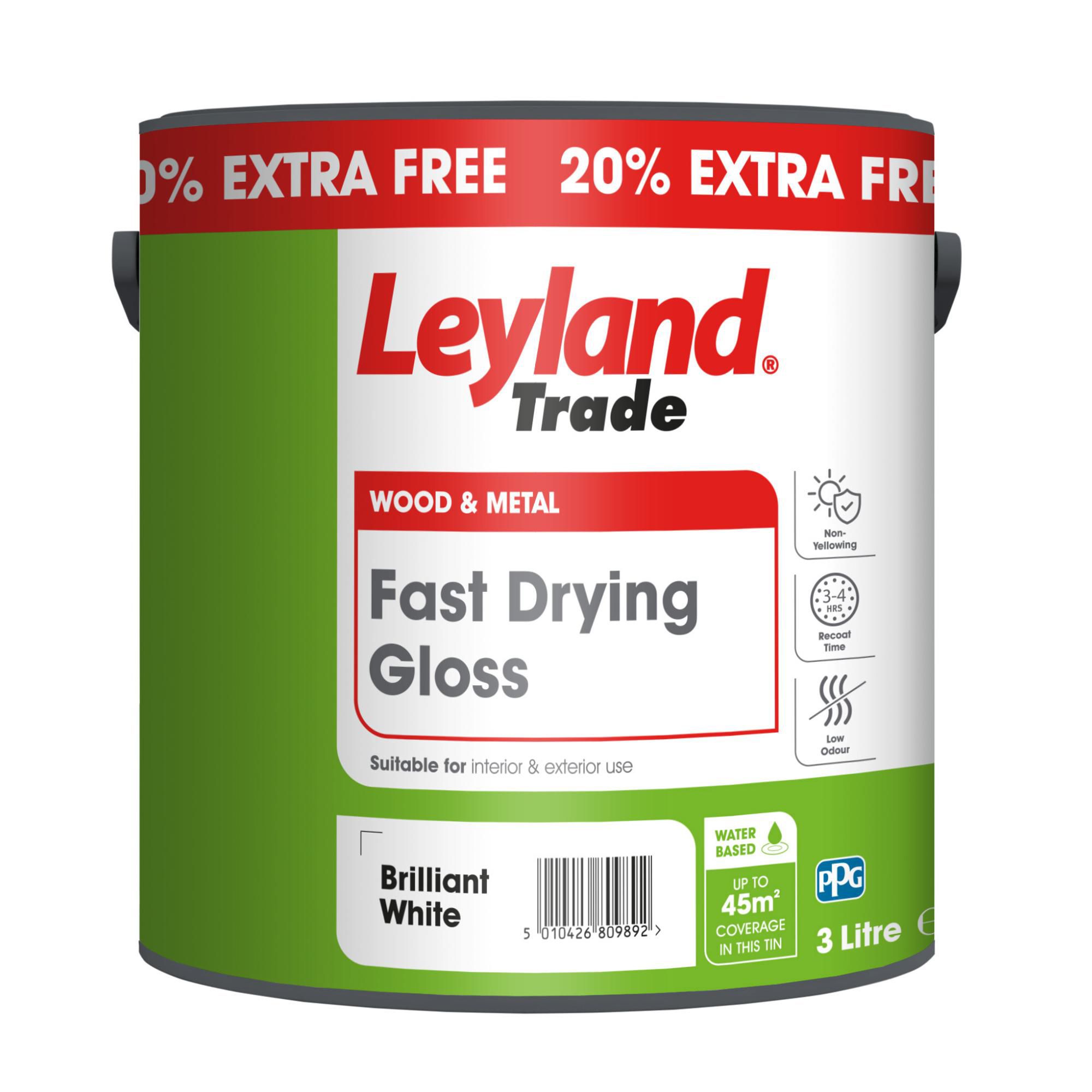 Leyland Trade Fast drying Brilliant White Gloss Metal & wood paint, 3L Tradepoint