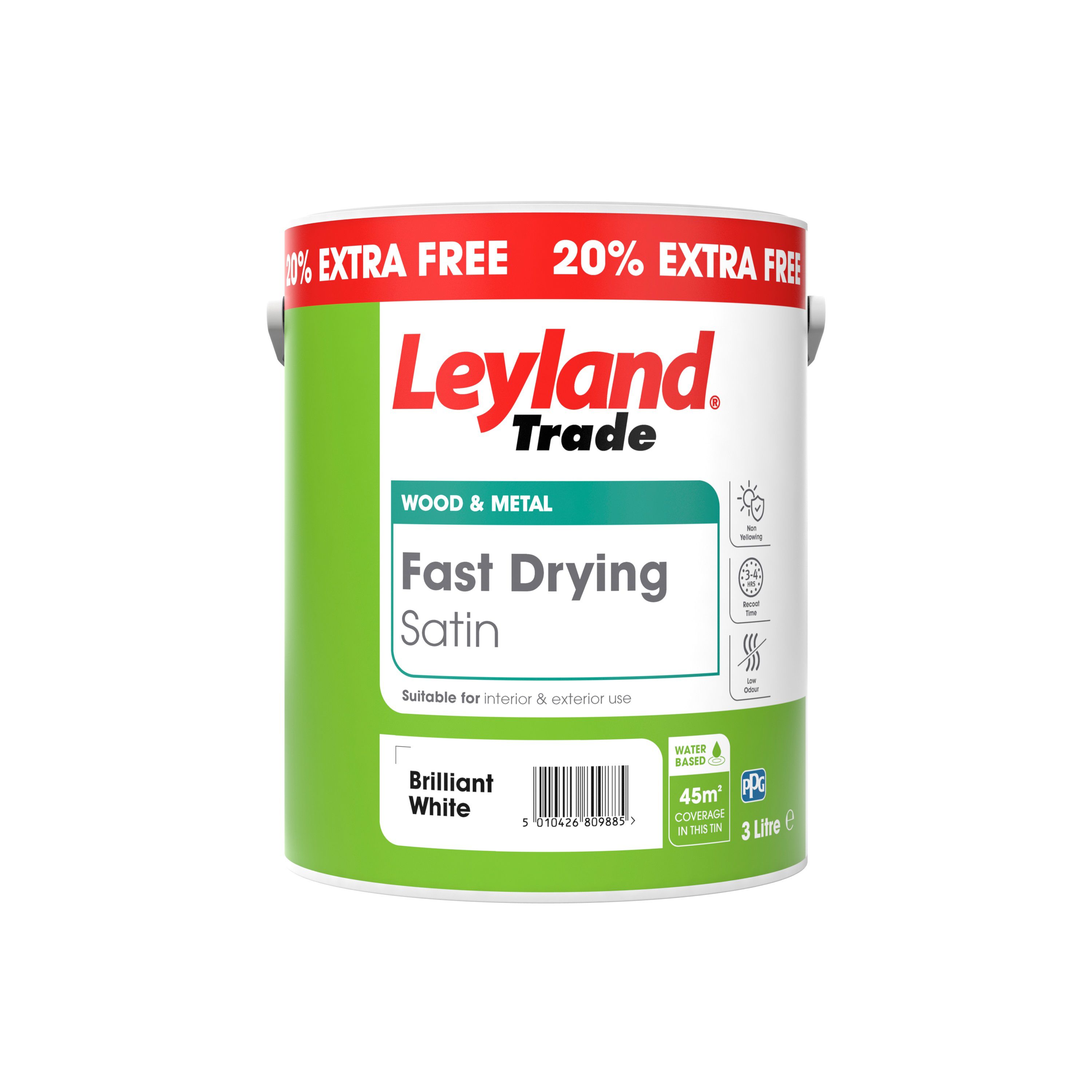 Leyland Trade Fast drying Pure brilliant white Satin Metal & wood paint, 3L Tradepoint