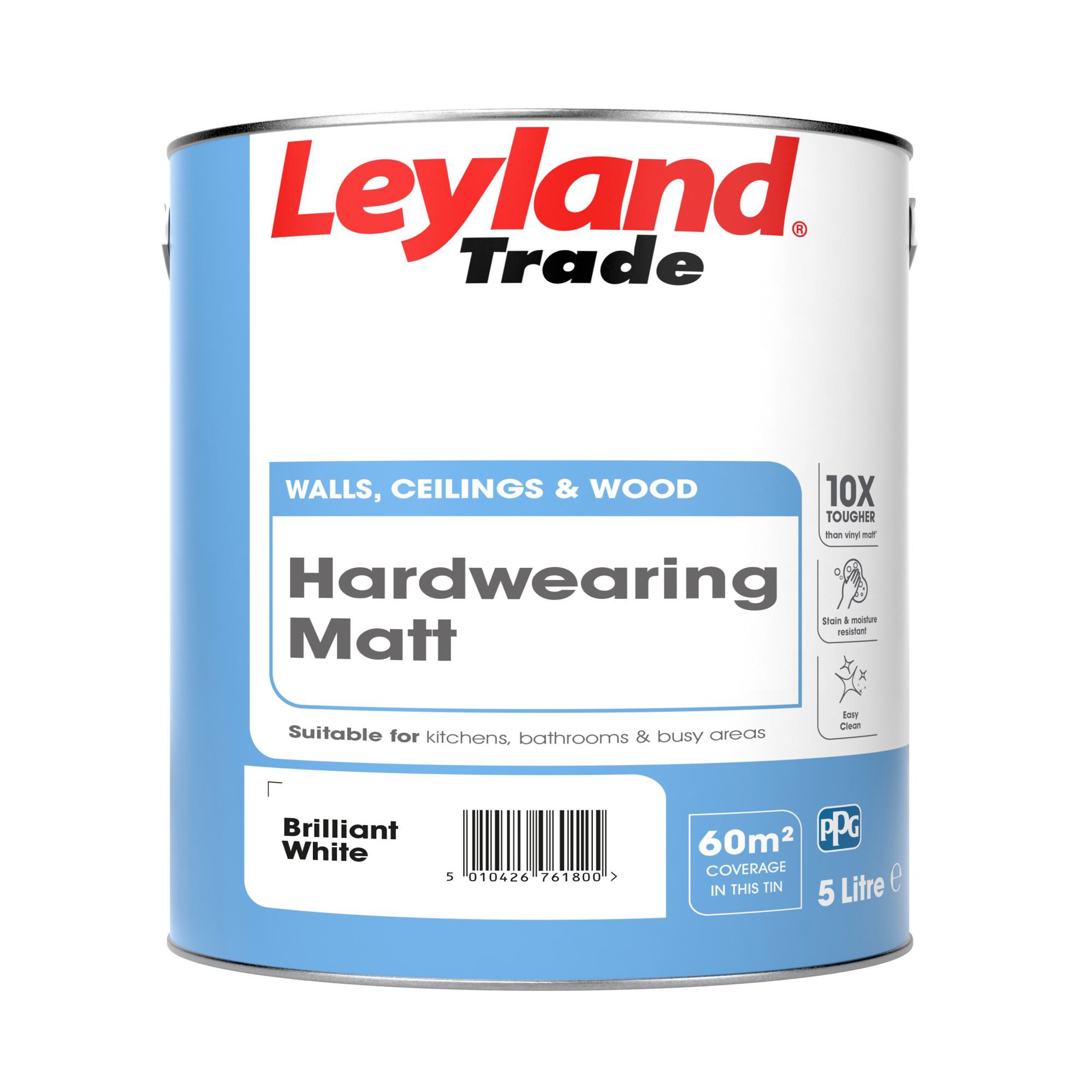 Product image for Leyland Trade Hardwearing Matt Paint 5L Brilliant White