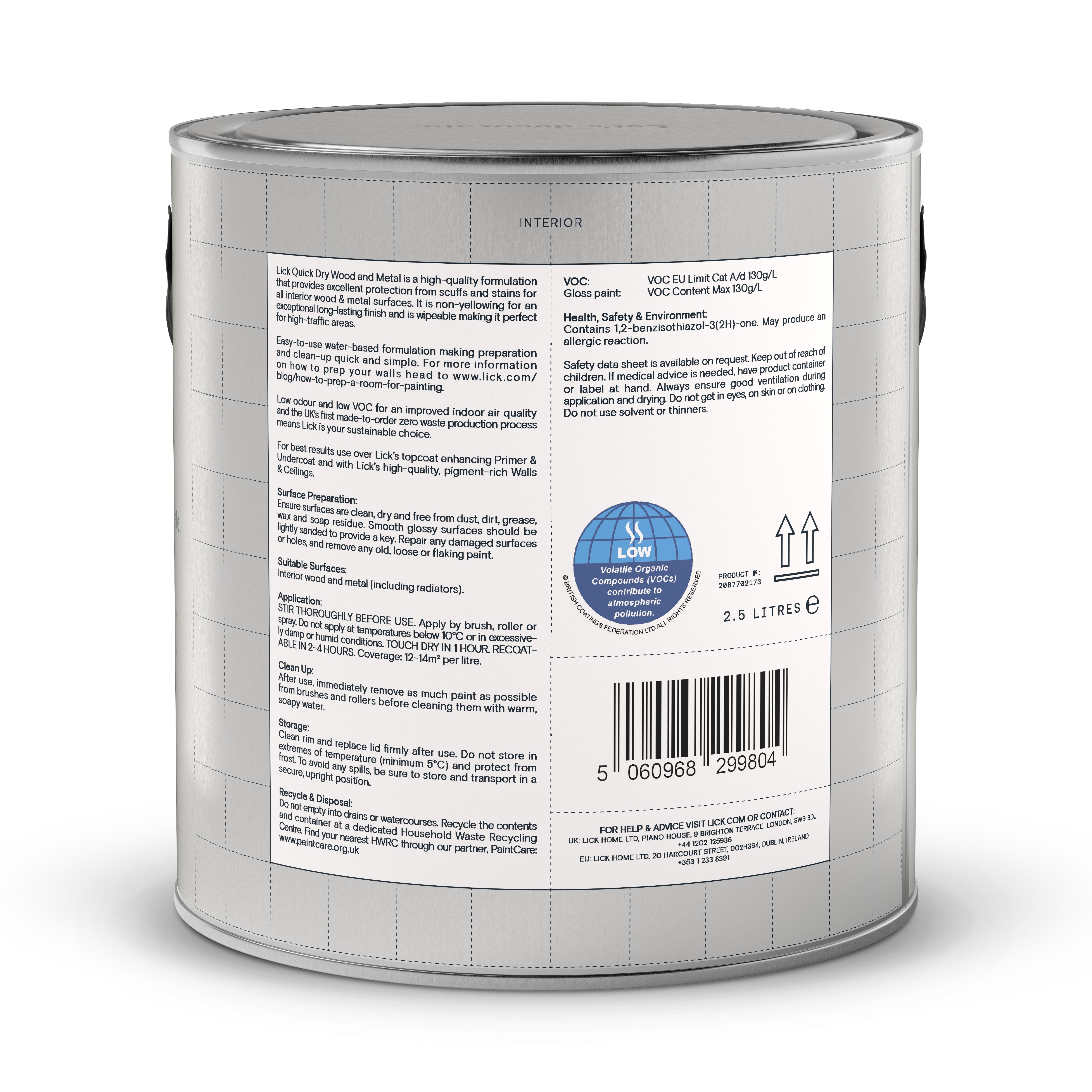 Lick Pure Brilliant White Gloss Metal & wood paint, 2.5L