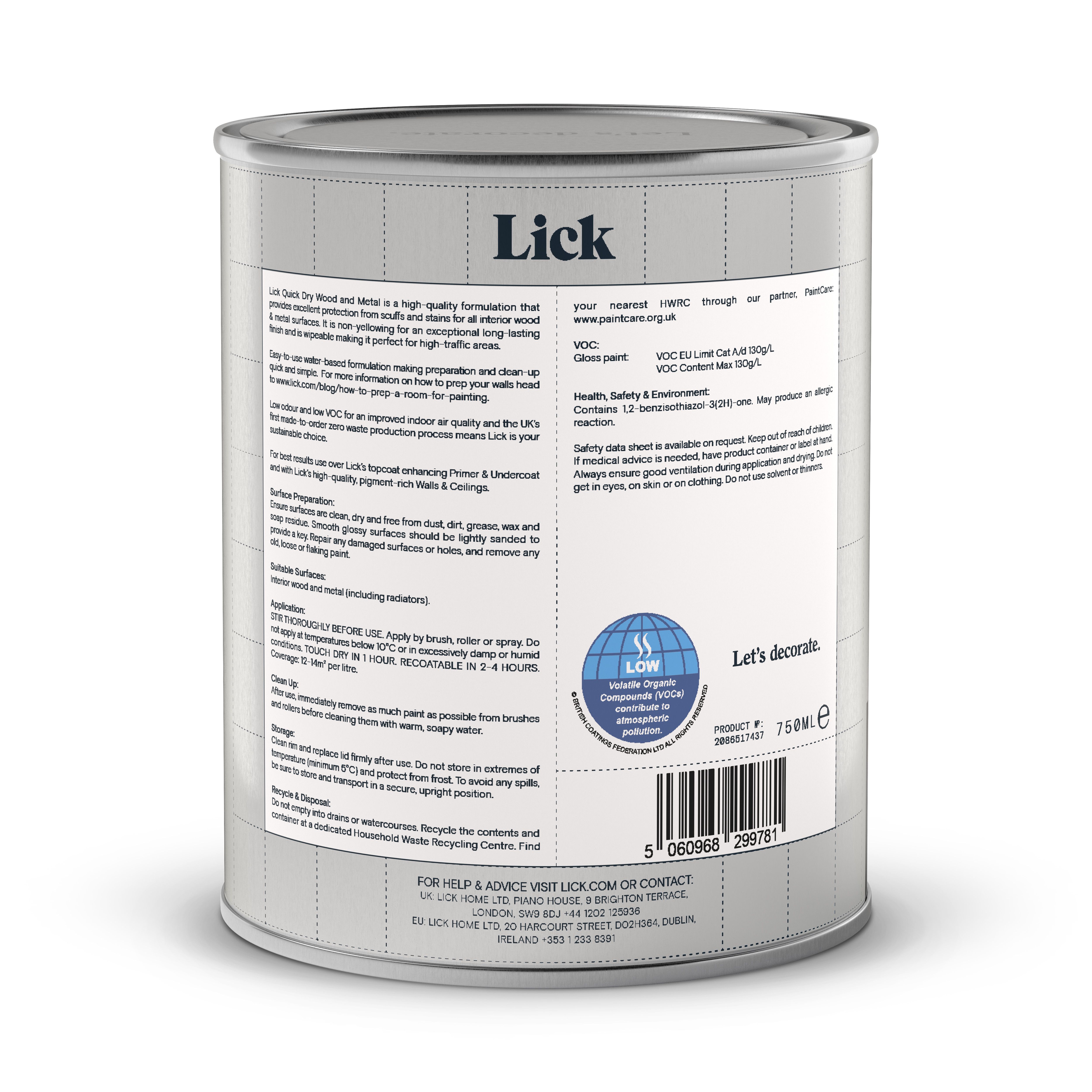 Lick Pure Brilliant White Gloss Metal & wood paint, 750ml