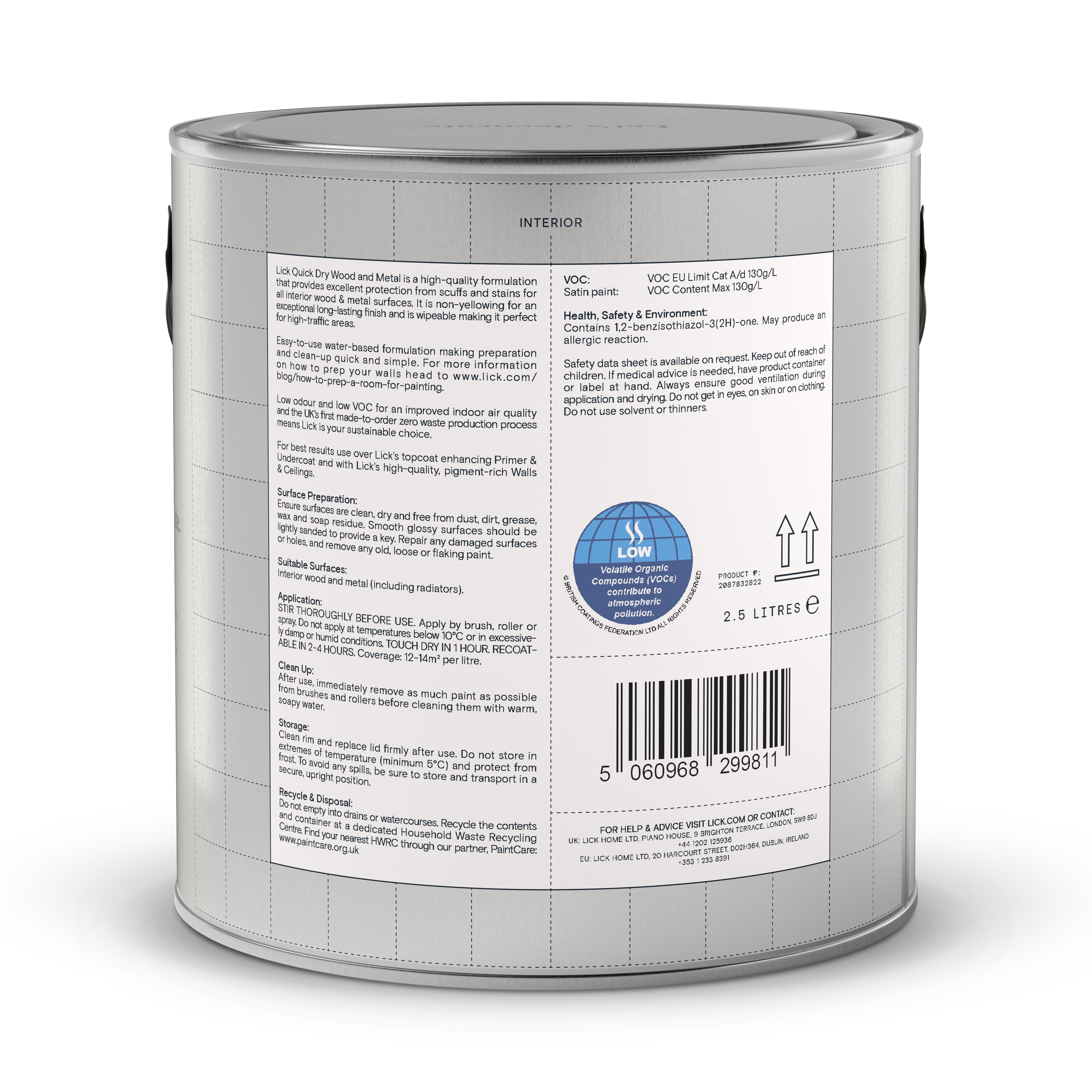 Lick Pure Brilliant White Satin Metal & wood paint, 2.5L