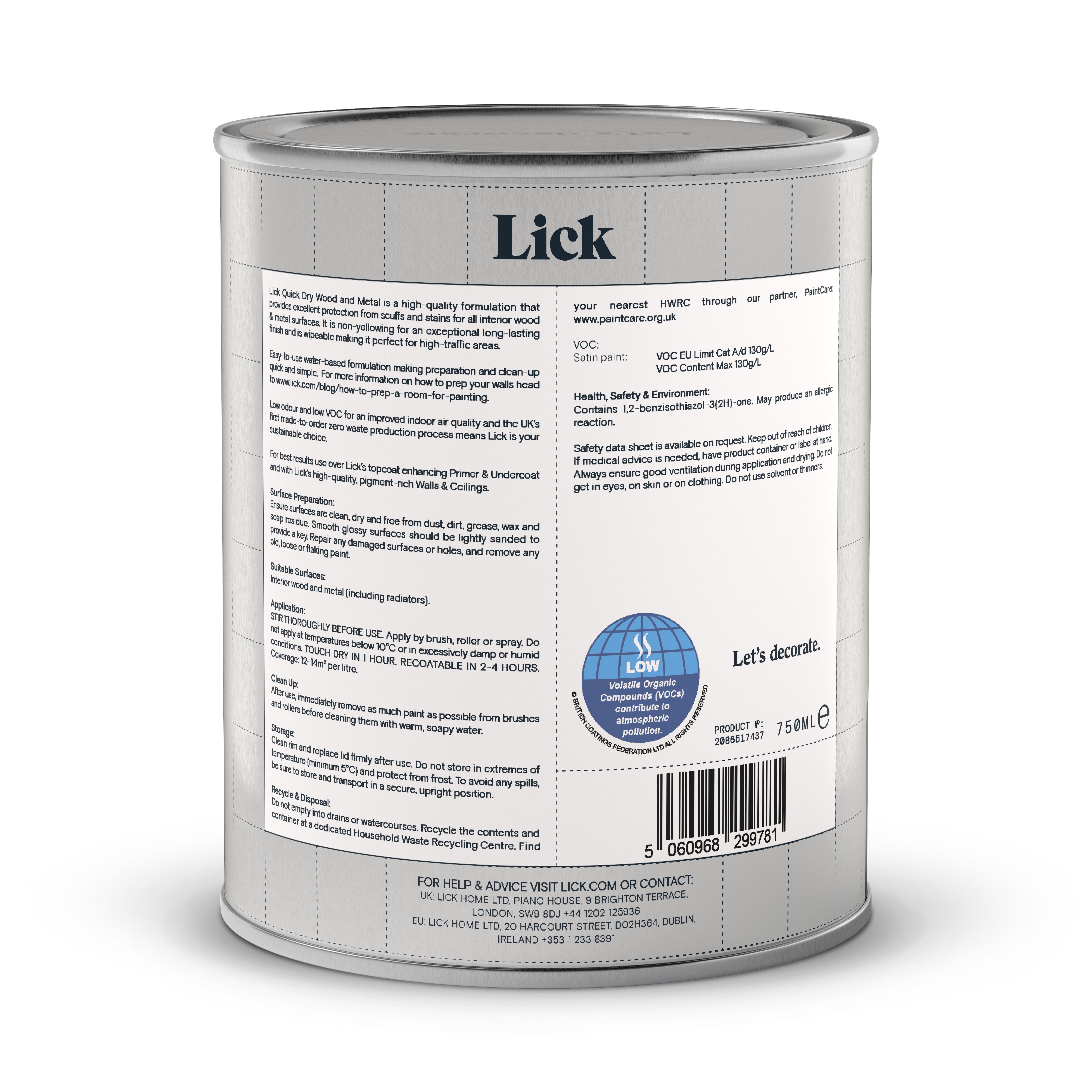 Lick Pure Brilliant White Satin Metal & wood paint, 750ml