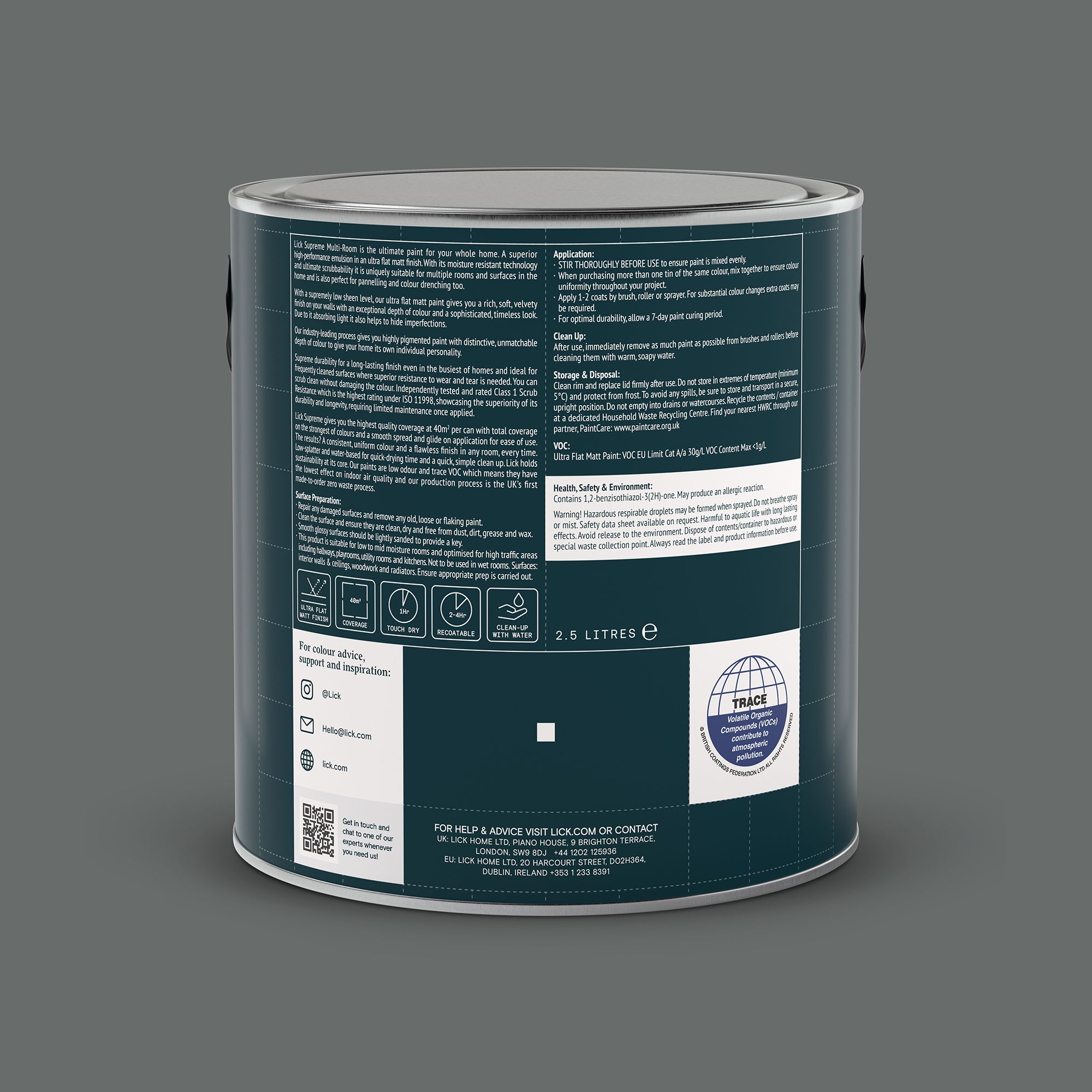 Lick Supreme Grey 17 Flat matt Multi-surface Emulsion paint, 2.5L