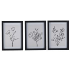 Line Floral Black Framed print (H)33cm x (W)24cm, Set of 3