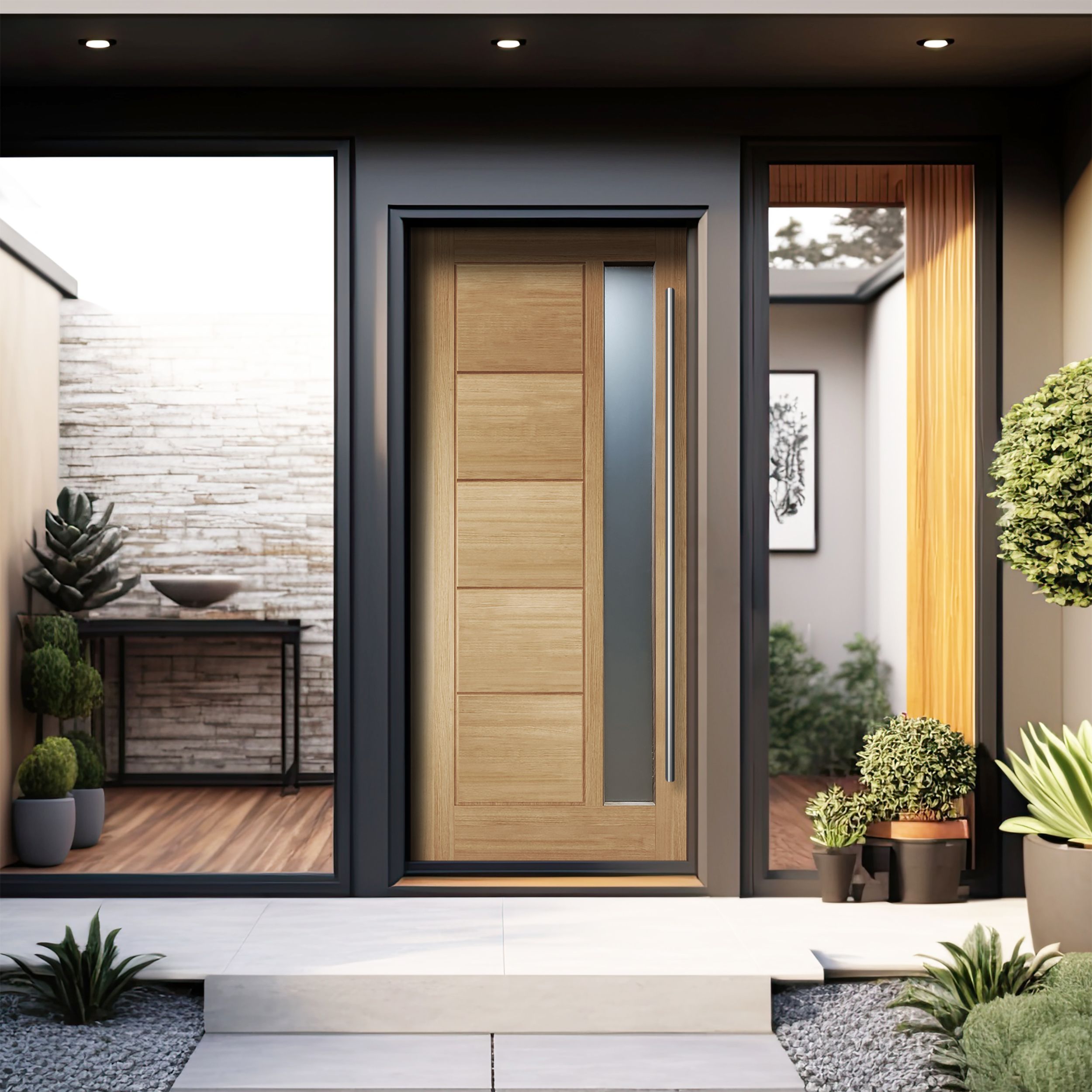 Linear 5 panel Frosted glass Obscure Timber White oak veneer Swinging External Front Door, (H)1981mm (W)838mm