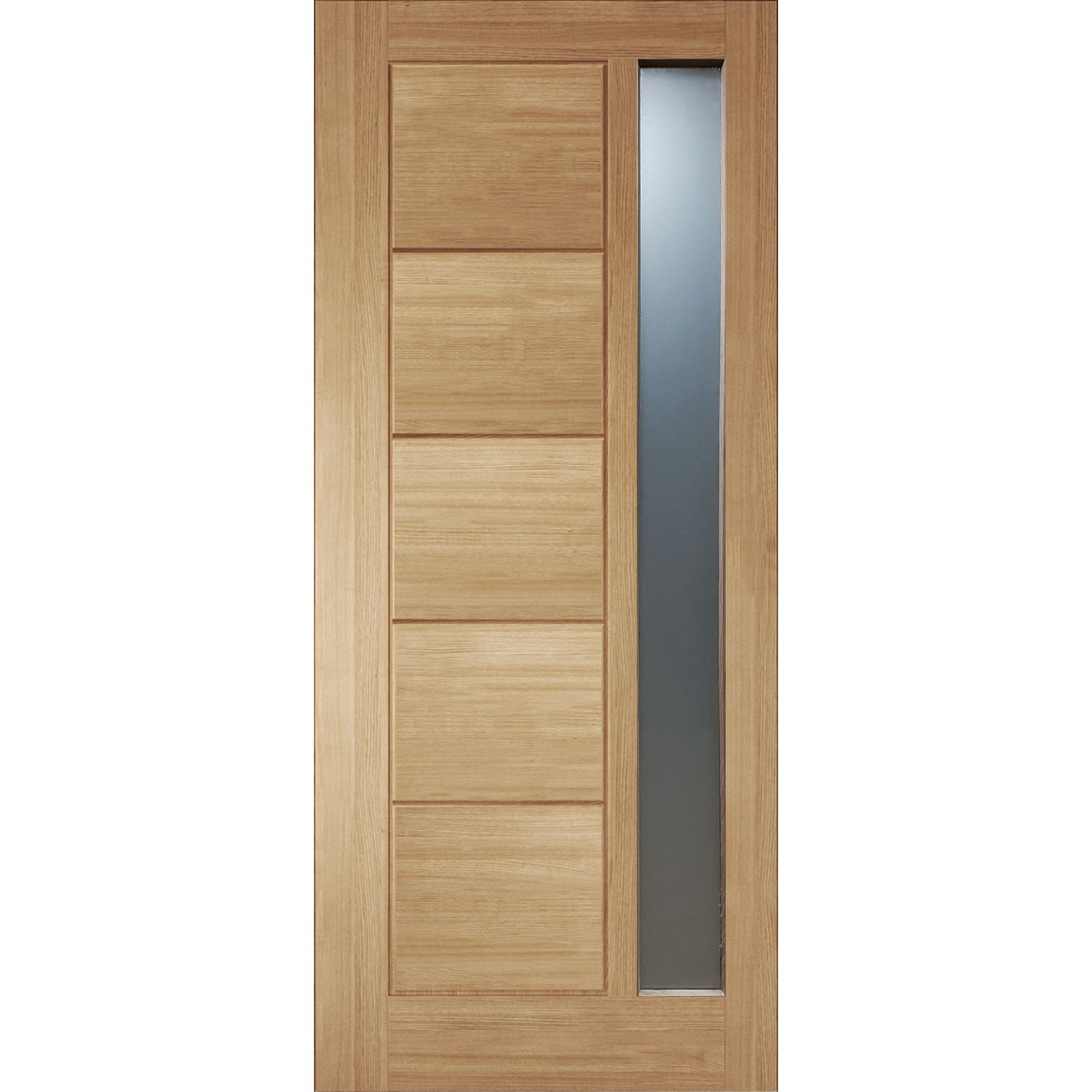 Linear 5 panel Frosted glass Obscure Timber White oak veneer Swinging External Front Door, (H)1981mm (W)838mm