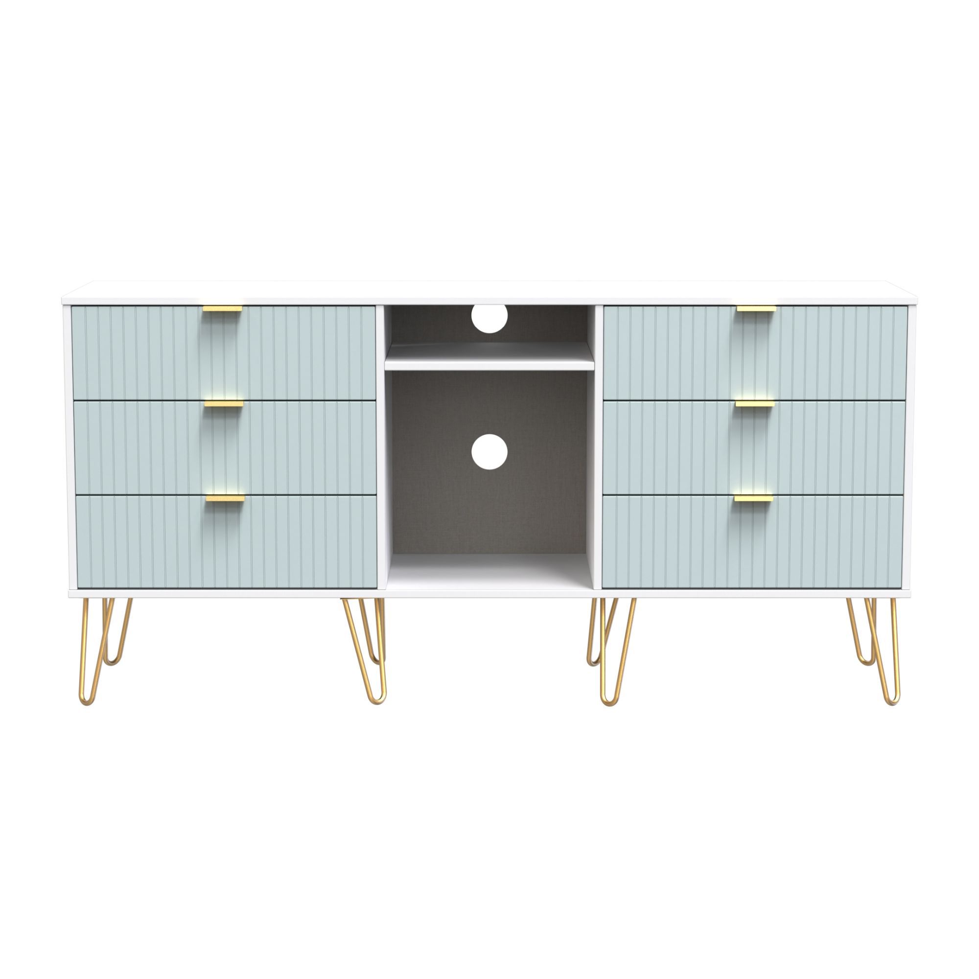 Linear Ready assembled Matt duck egg & white Media unit with 2 shelves & 6 drawers, (H)152cm x (W)74cm x (D)39.5cm