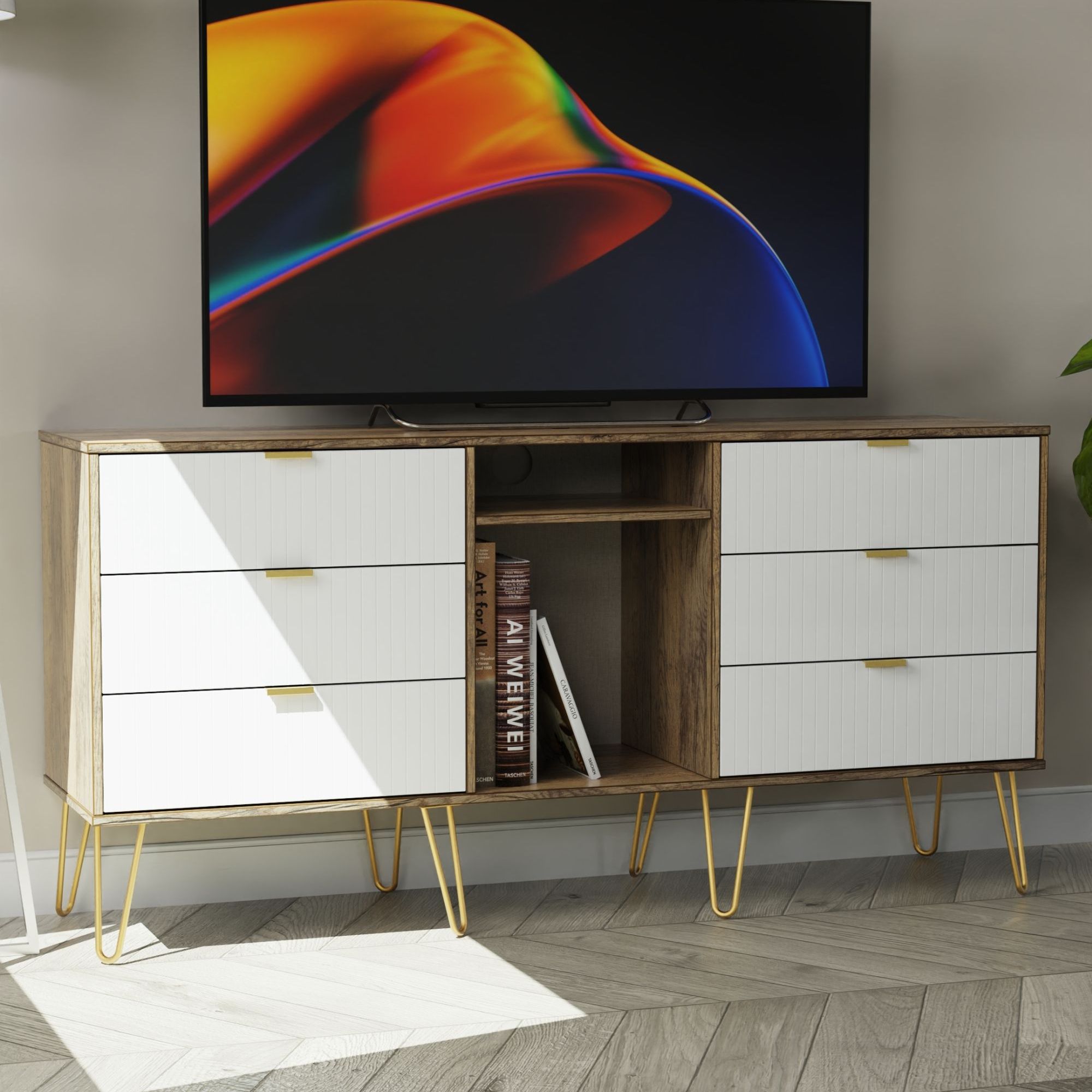 Linear Ready assembled White oak effect Media unit with 2 shelves & 6 drawers, (H)152cm x (W)74cm x (D)39.5cm