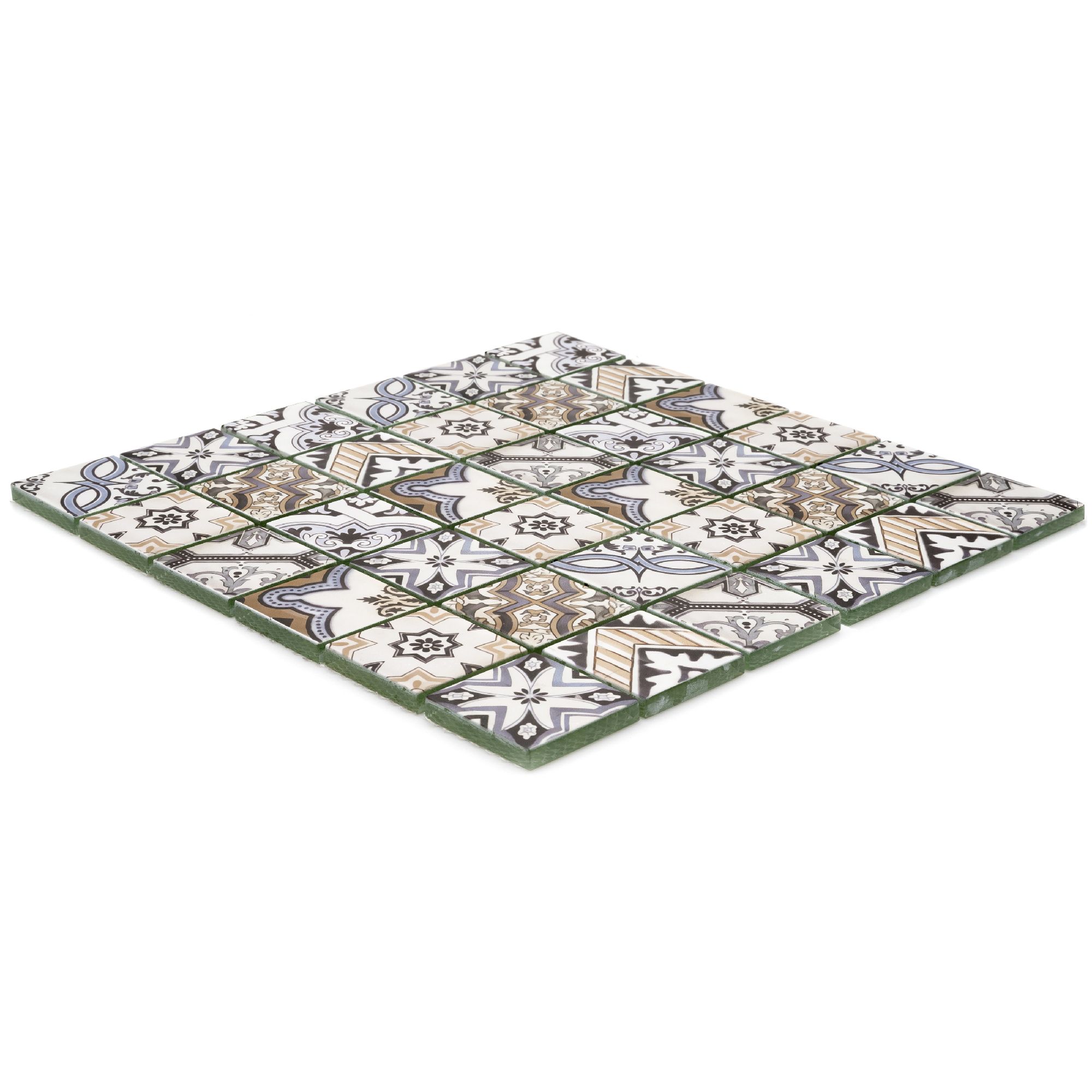 Lisbon Blue & taupe Glass 2x2 Mosaic tile, (L)300mm (W)300mm