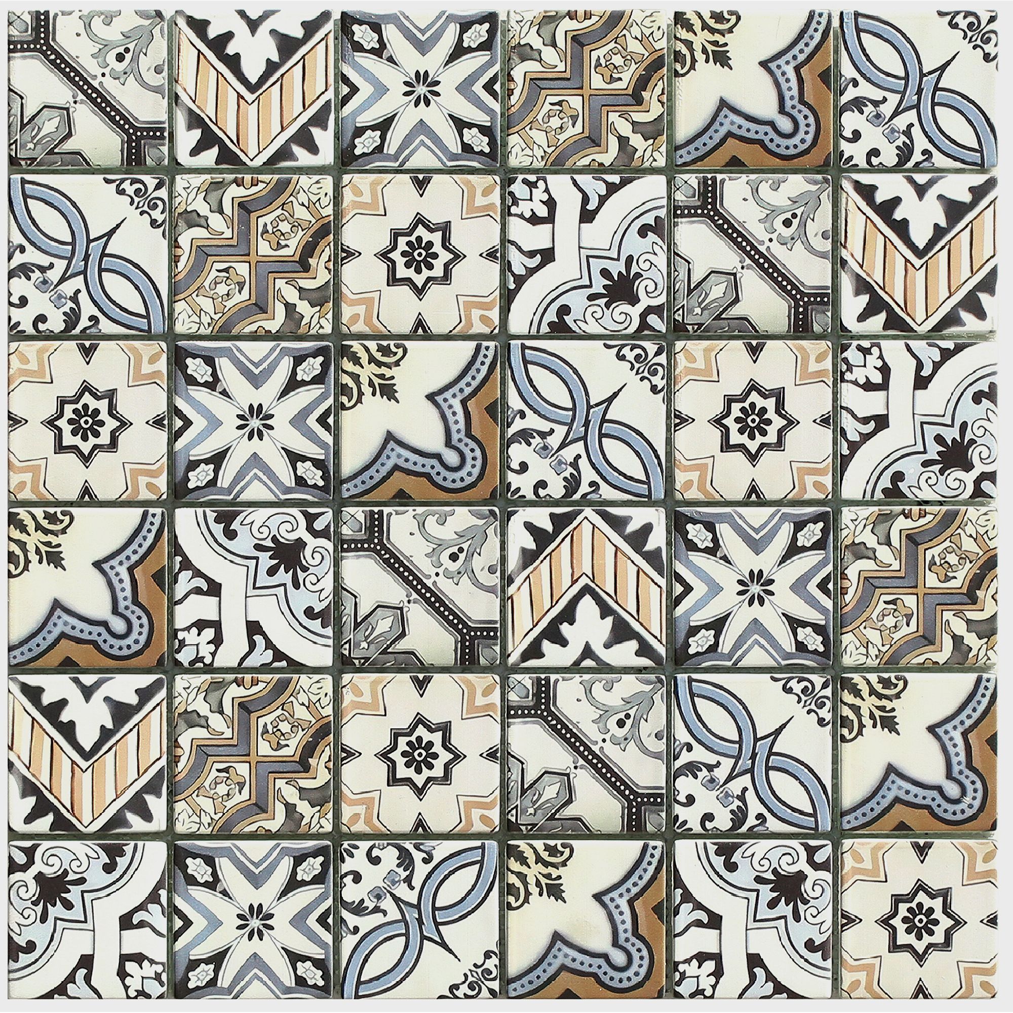 Lisbon Blue & taupe Glass 2x2 Mosaic tile, (L)300mm (W)300mm