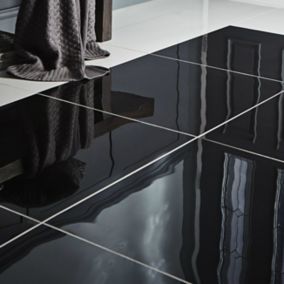 Livourne Black High gloss Plain Porcelain Indoor Wall & floor Tile, Pack of 3, (L)600mm (W)600mm