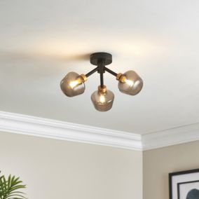 Lockie Matt Glass & steel Black 3 Lamp Ceiling light