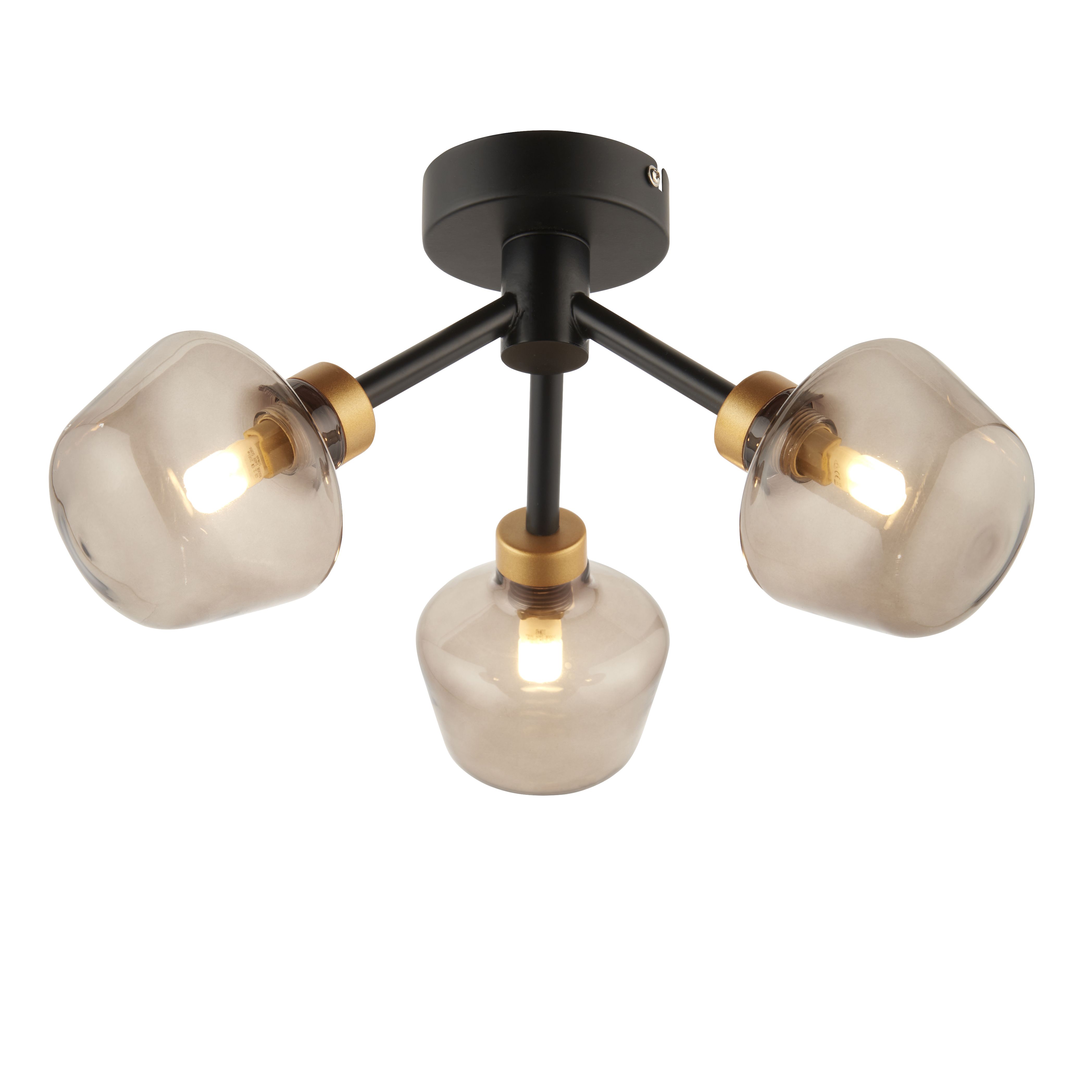 Lockie Matt Glass & steel Black 3 Lamp Ceiling light
