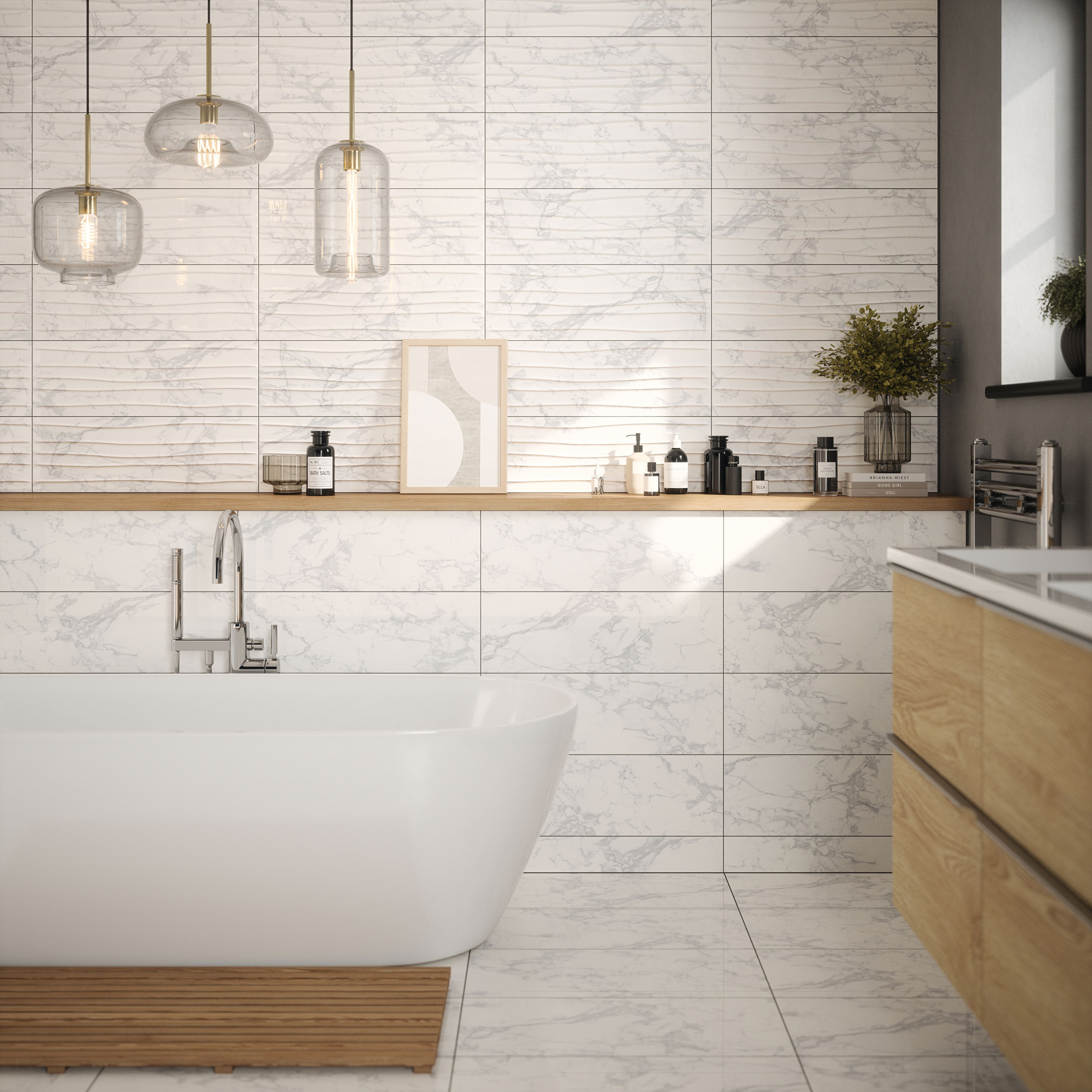 Lusso Black Gloss Marble effect Ceramic Wall & floor Tile, Pack of 5, (L)600mm (W)300mm