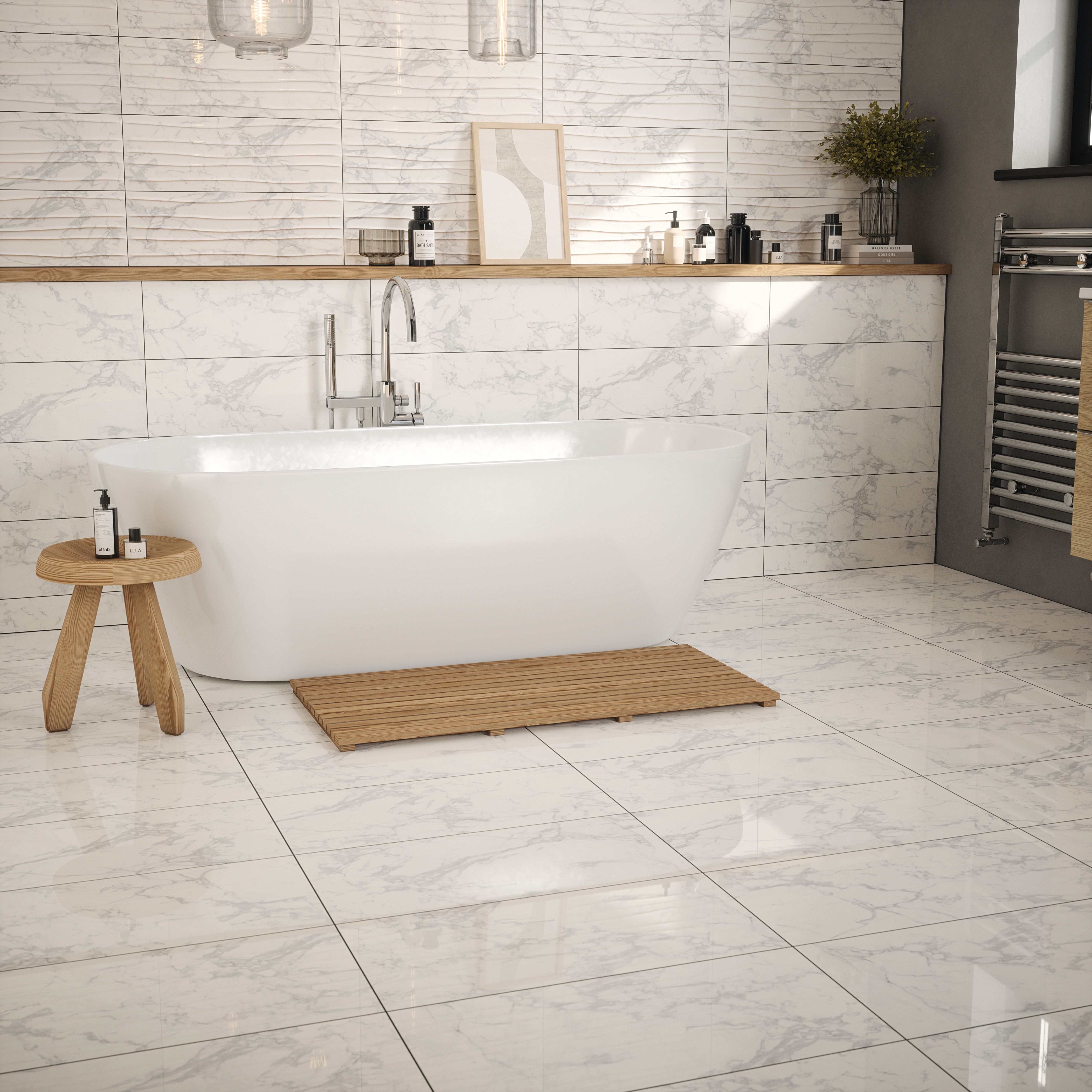 Lusso Grey Gloss Marble Effect Ceramic Wall And Floor Tile Pack Of 5 L