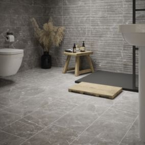 Lusso Grey Gloss Marble effect Ceramic Wall Tile, Pack of 8, (L)600mm (W)200mm