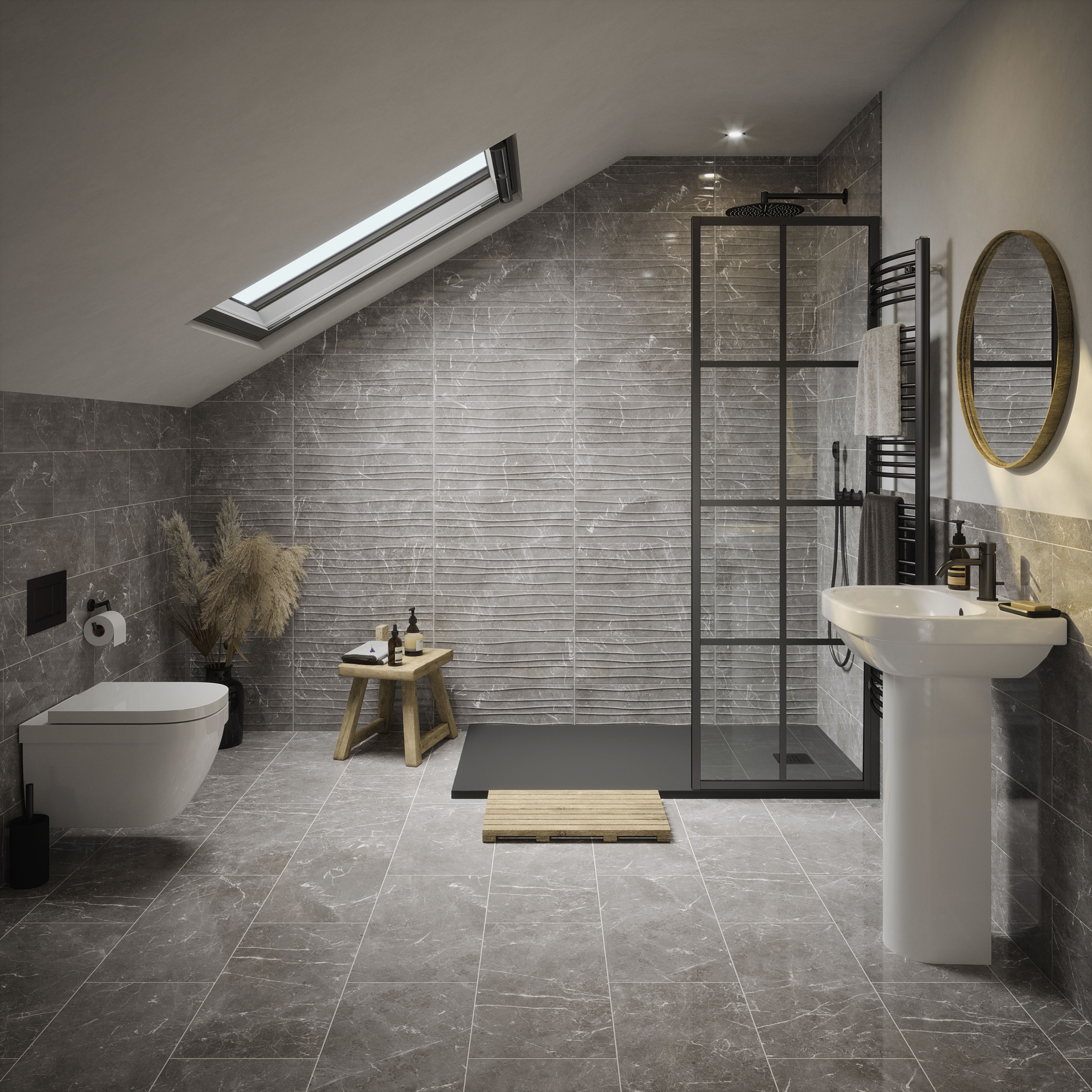 Lusso Grey Gloss Marble effect Ceramic Wall Tile, Pack of 8, (L)600mm (W)200mm