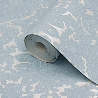 Lutece Paisley Blue Paisley damask Mica effect Textured Wallpaper