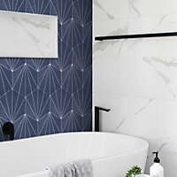 Lyla Blue & white Matt Patterned Porcelain Wall & floor Tile, Pack of 24, (L)250mm (W)215mm