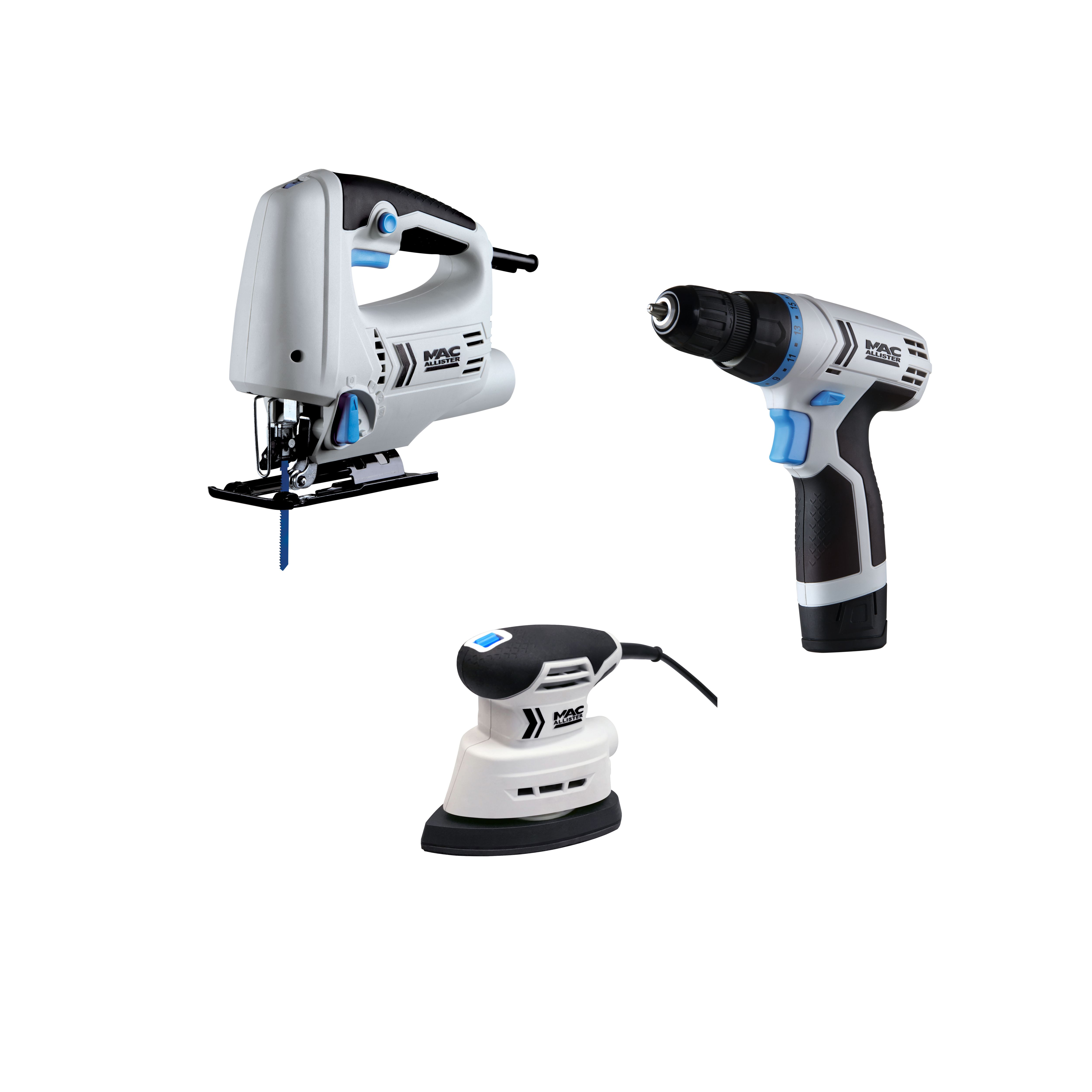 Mac Allister 12V 1.5Ah Li ion Cordless 3 piece Power tool kit MSDD12 Li MSJS600 MSDLS160 Tradepoint