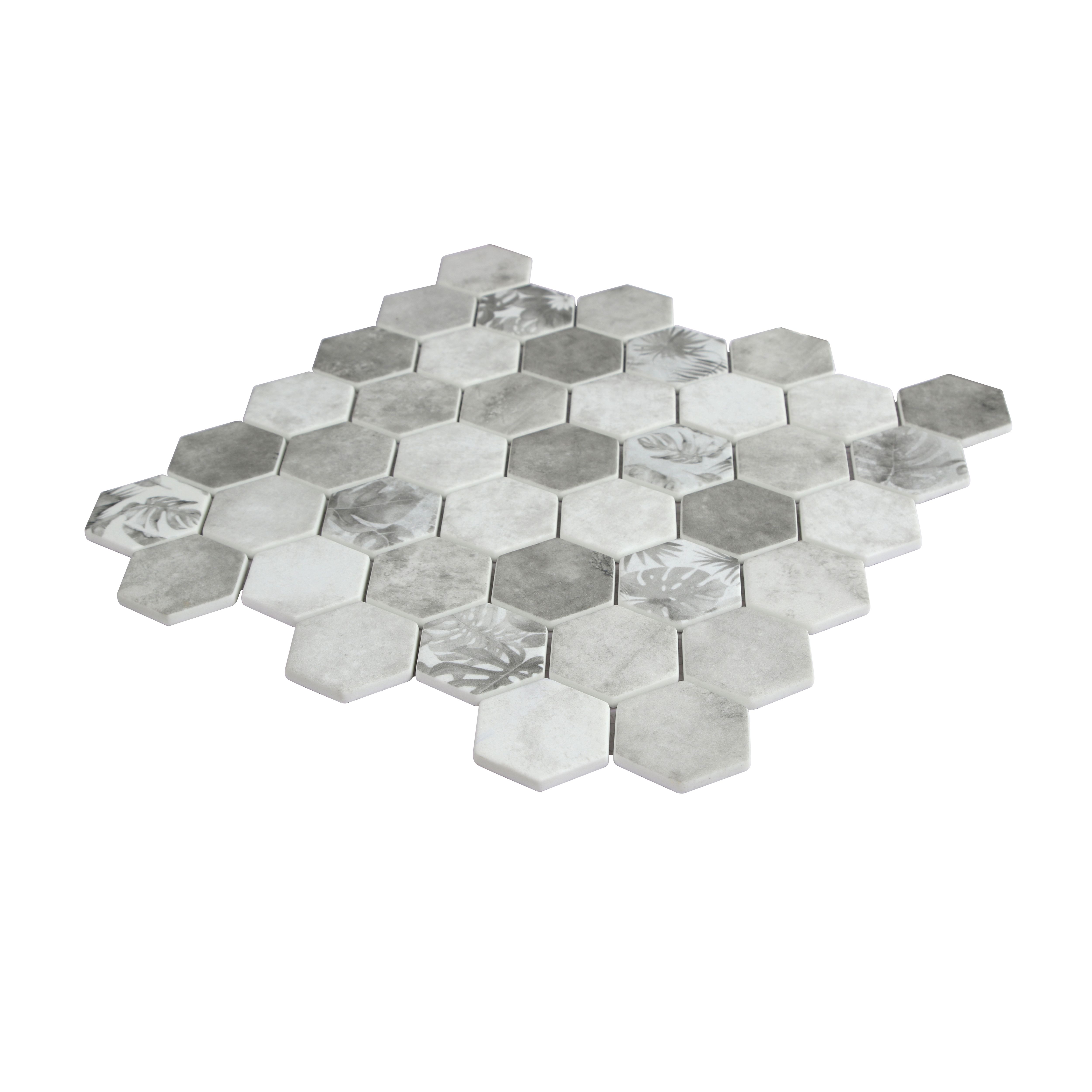 Manon Grey Matt Glass effect Hexa Palm Leaf Recycled glass Mosaic tile sheet, (L)298mm (W)302mm