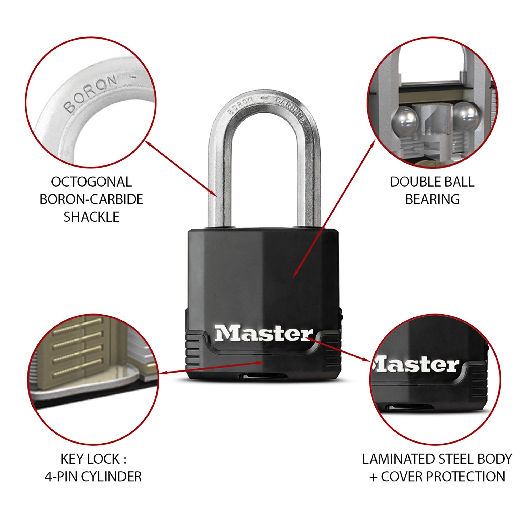 Master Lock Excell Heavy duty Laminated Black 4 pin tumbler cylinder Open shackle Padlock (W)49mm
