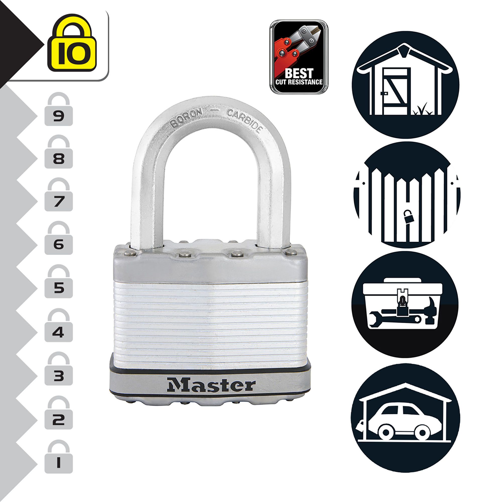Master Lock Excell Heavy duty Laminated Steel Black Medium Open shackle Padlock (W)64mm