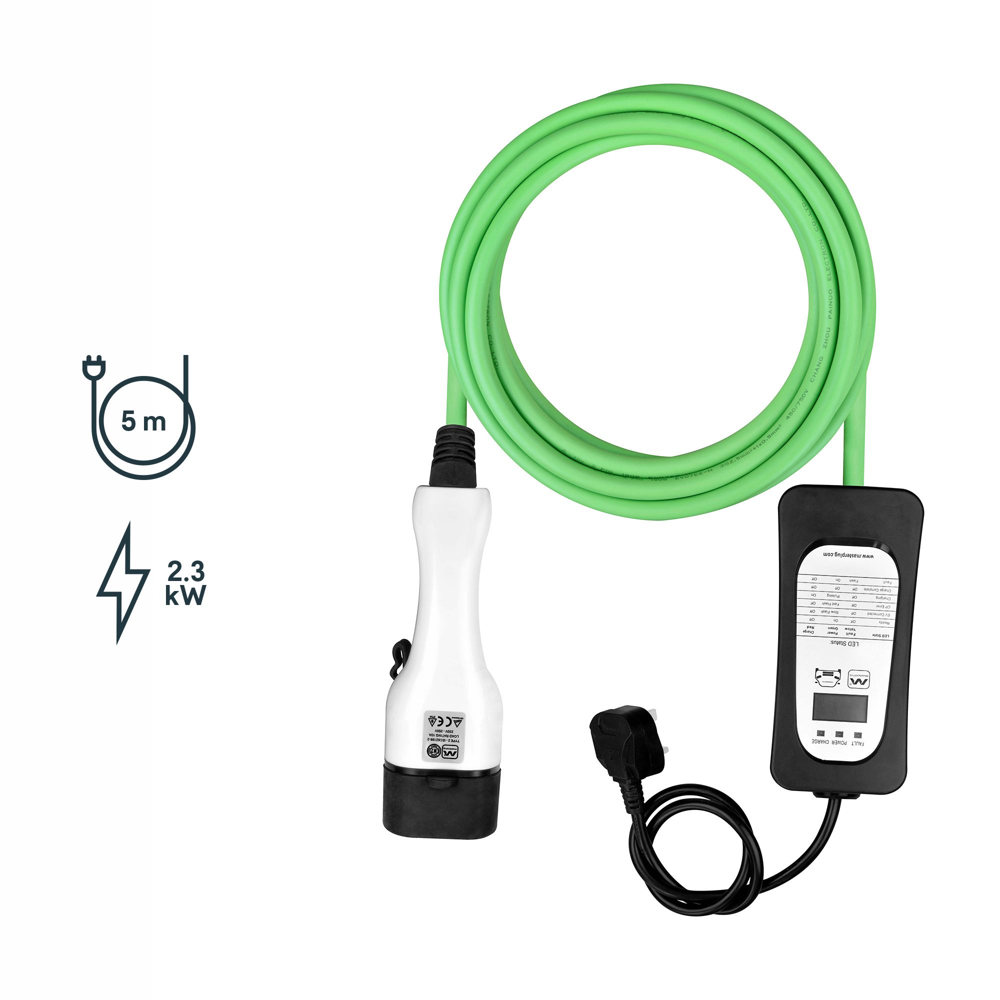 Masterplug 10A 2.3kW Mode 2 3-pin plug to Type 2 Electrical vehicle charging cable 5m