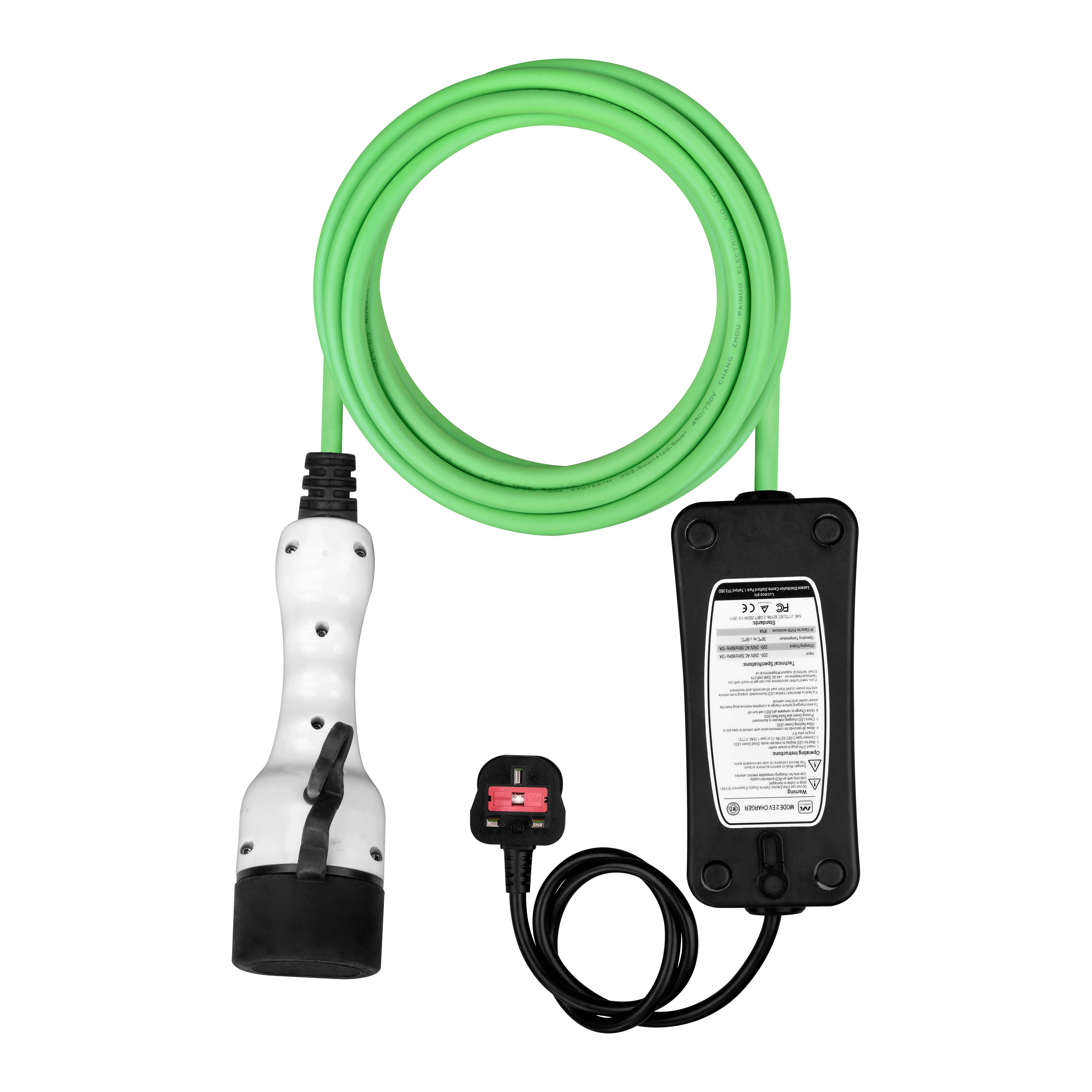 Masterplug 10A 2.3kW Mode 2 3-pin plug to Type 2 Electrical vehicle charging cable 5m