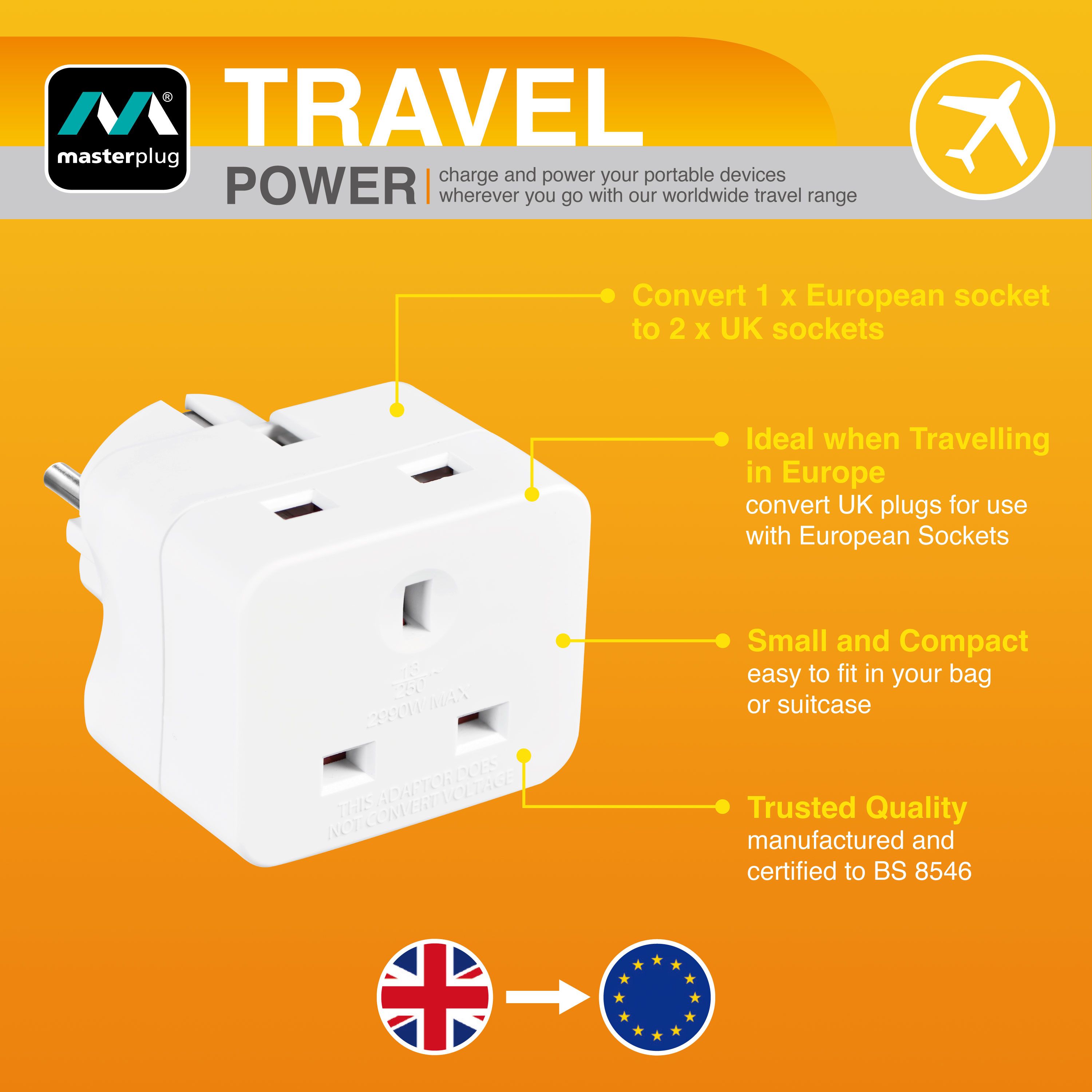 Buy Masterplug UK to Europe Travel Adaptor - 3 Pack