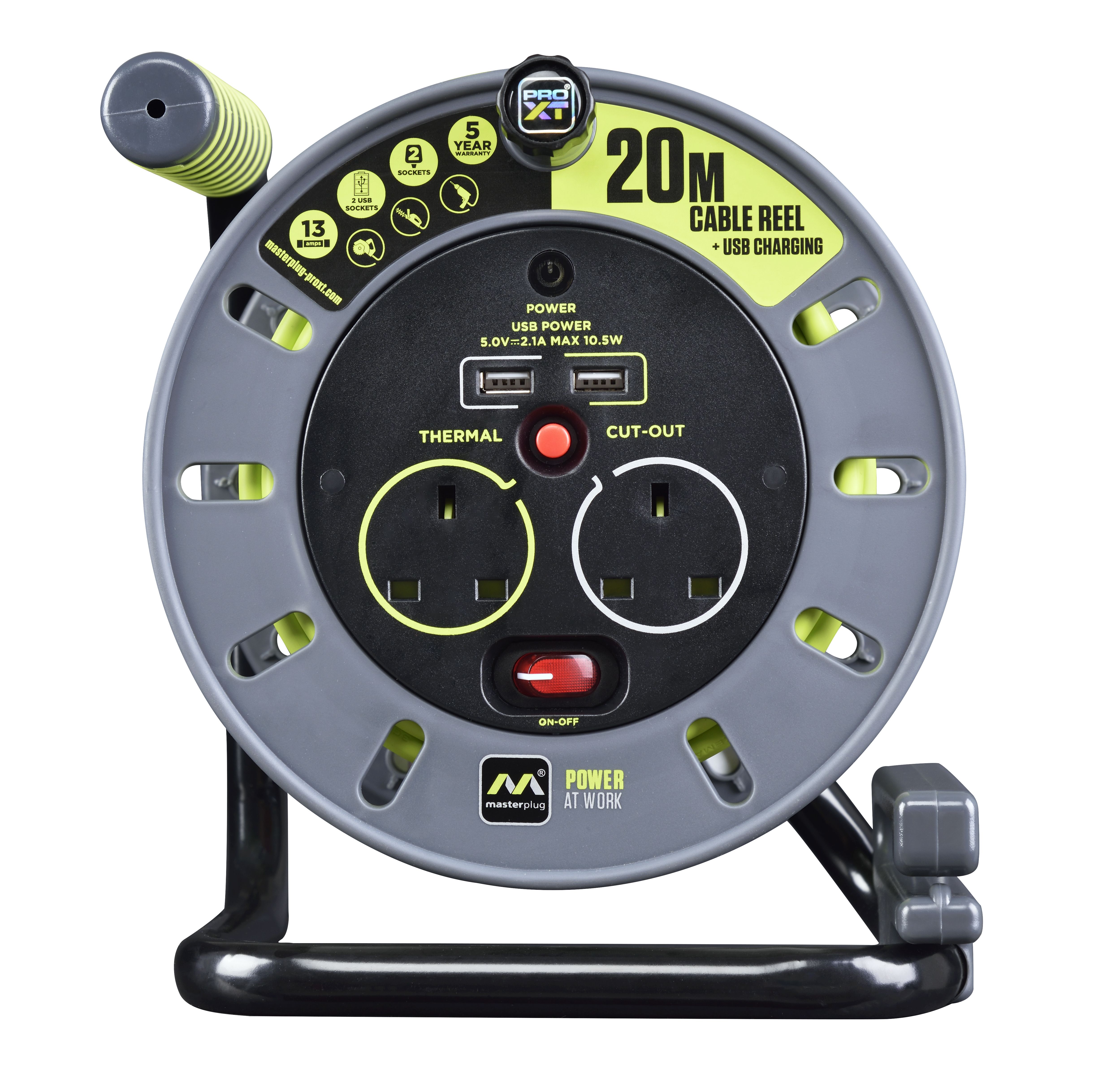 Masterplug 2 socket Cable reel with USBs, 20m