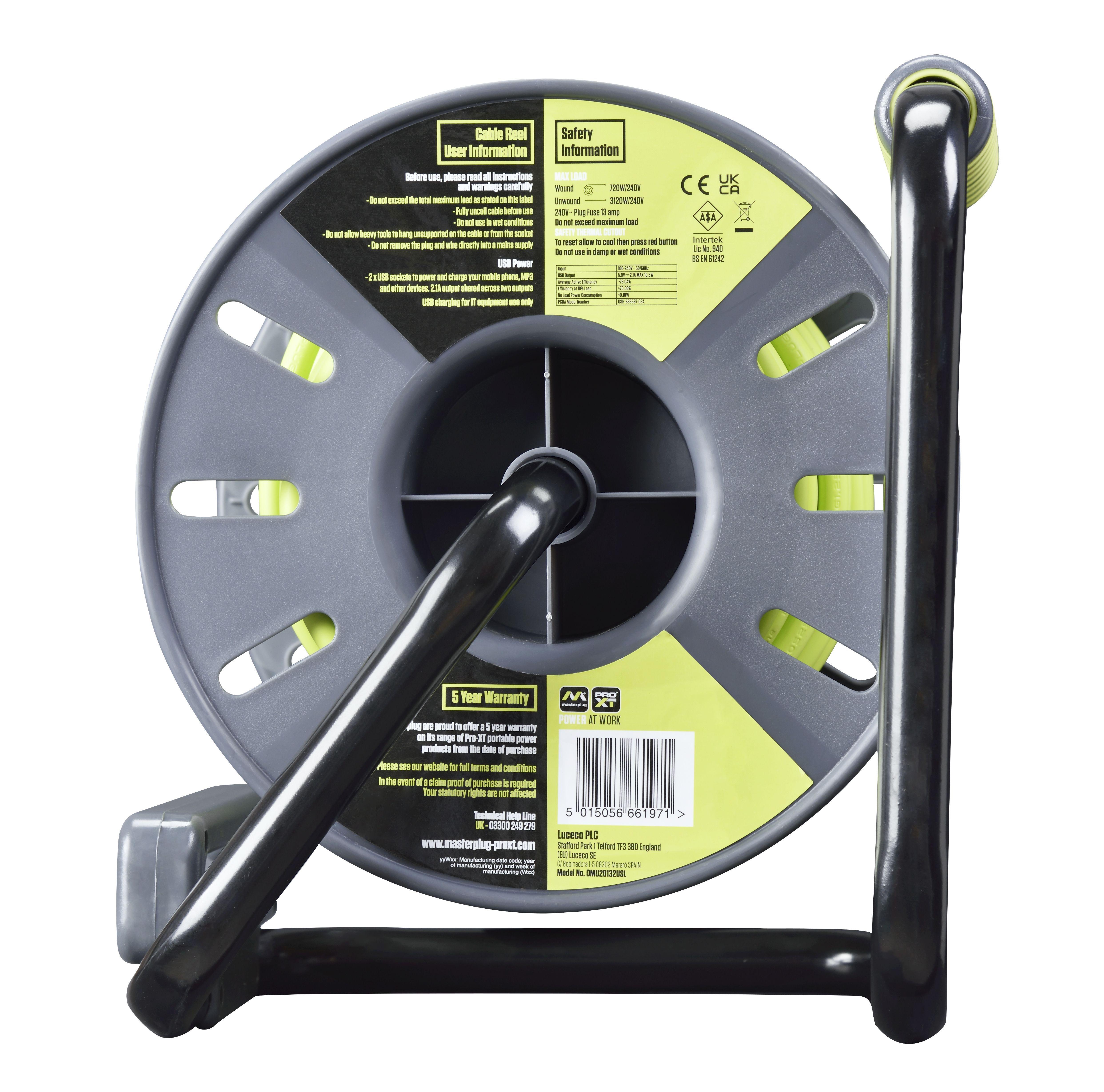 Masterplug 2 socket Cable reel with USBs, 20m